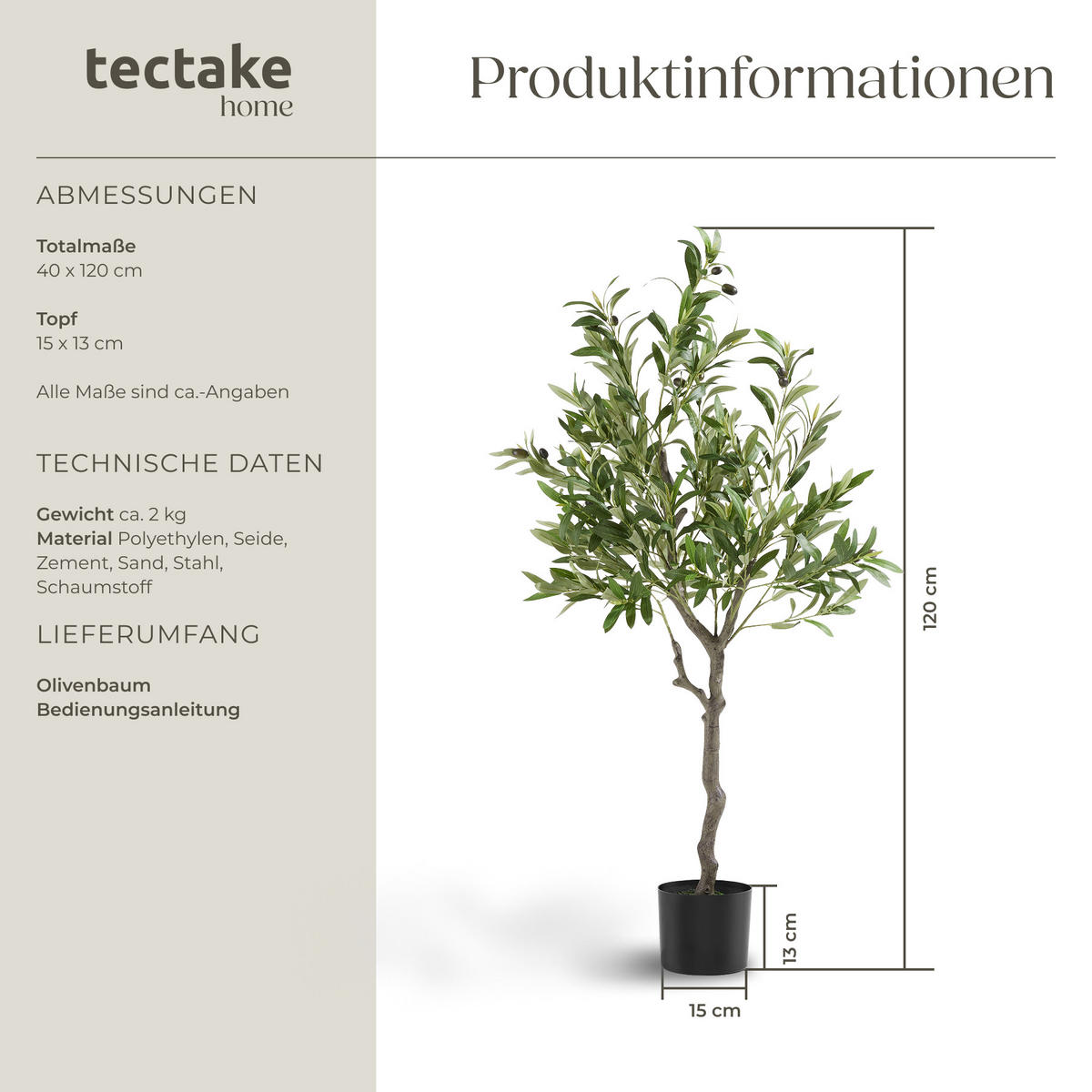 KÜNSTLICHER-OLIVENBAUM Oleand,stabiler Kunststoff-Blumentopf,grün - Grün, Kunststoff (120cm) - tectake