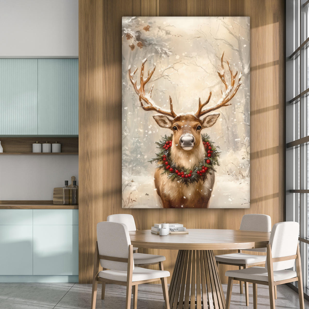 OBRAZ NA PLÁTNĚ Vánoce - sobi - zima - věnec 90x140 cm - přírodní, textil (90/140cm) - MuchoWow