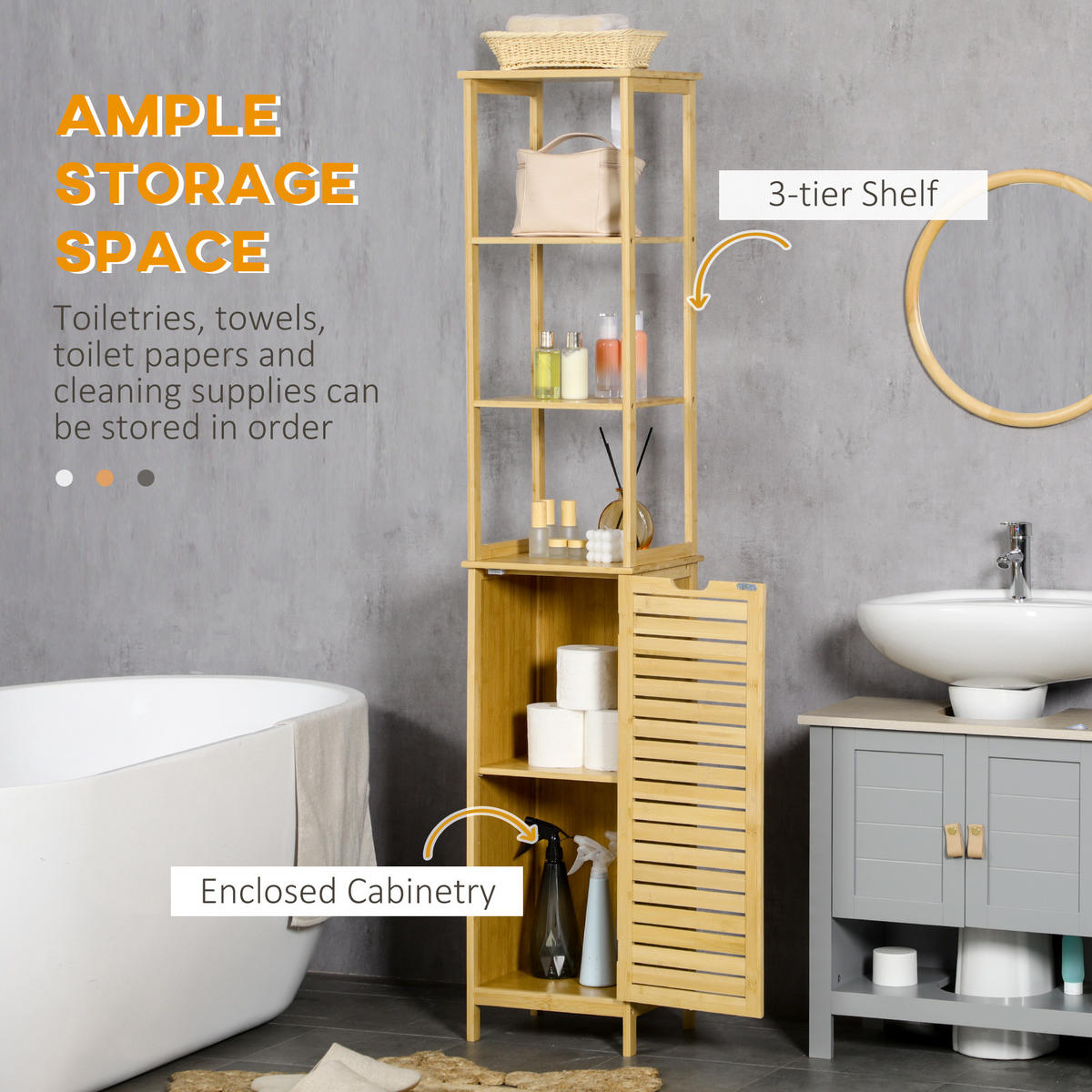 BADEZIMMER Hochschrank 34x30x173 cm Natur aus Bambus mit Lamellentür & 3 Ablagen - Naturfarben, Naturmaterialien (34/173/30cm) - Modfu