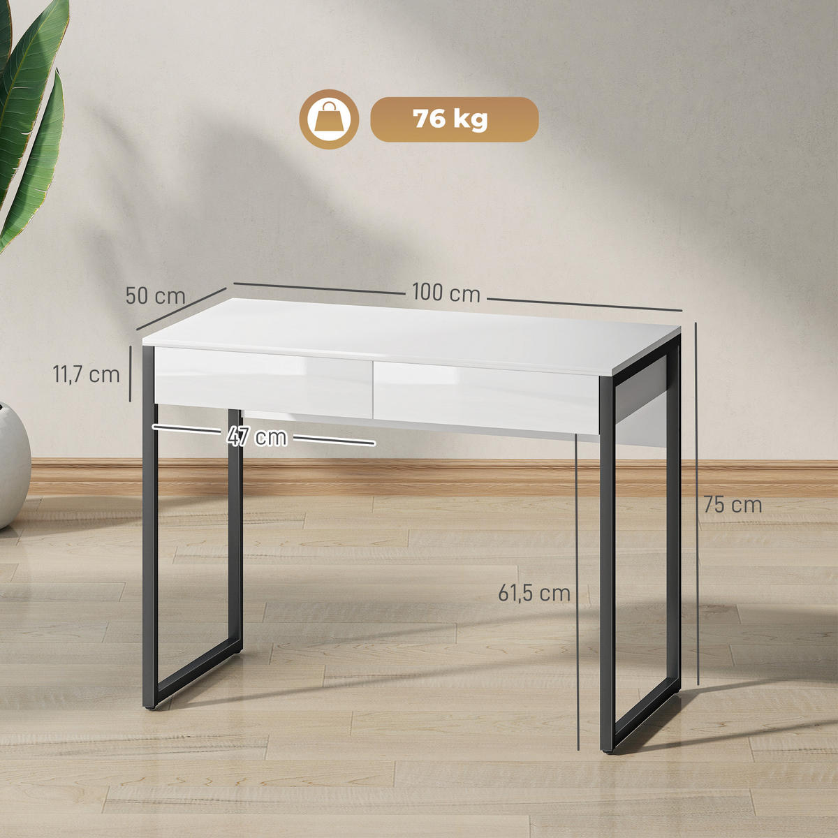 SCHREIBTISCH Stahl Holz Schwarz - Schwarz/Weiß, Holzwerkstoff/Kunststoff (100/50/75cm) - HOMCOM