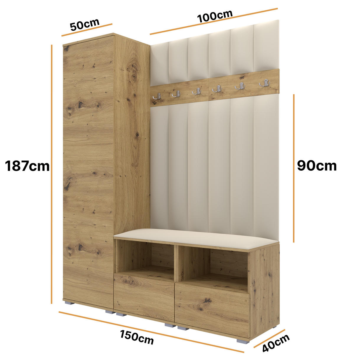 GEPOLSTERT Garderoben-Set Nela II LUX (Farbe Eiche Artisan + Stoff Trinity 01) - Silberfarben/Creme, Holz/Holzwerkstoff (150/187/40cm) - Ravio