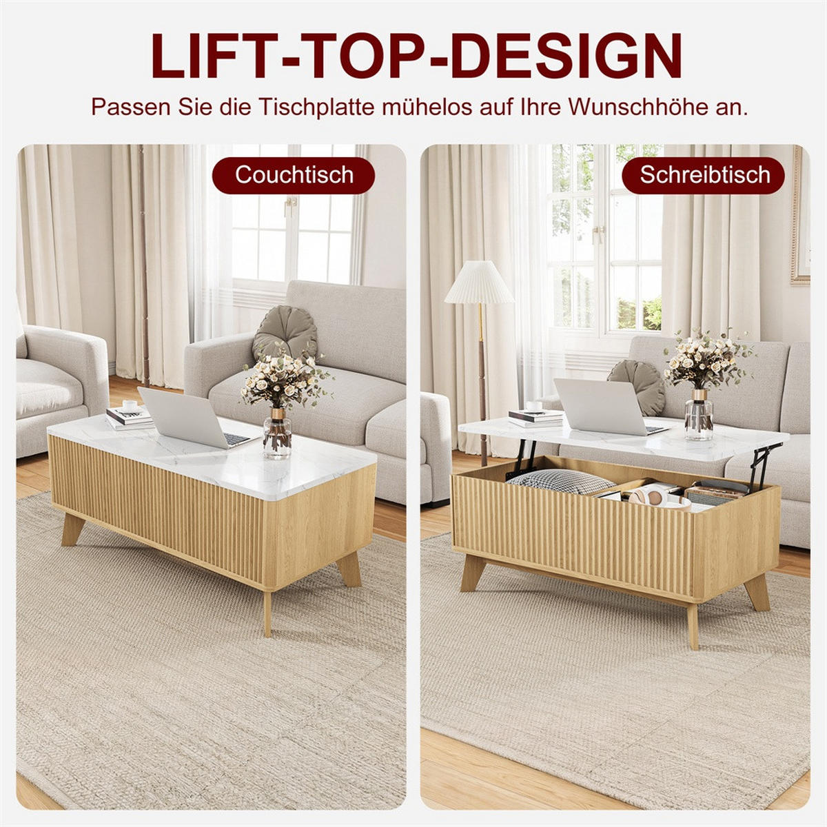 COUCHTISCH in weißer Marmoroptik - Rechteckiger Couchtisch mit Lift-Funktion Stauraum und Holzbeinen - Eichefarben, Holzwerkstoff (53/105/42cm) - DELFA