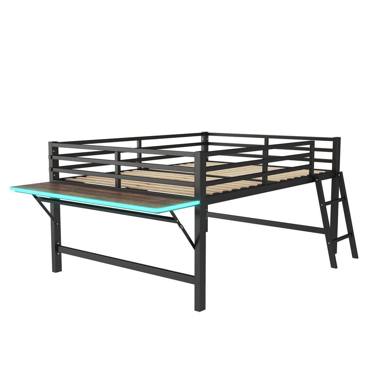 HOCHBETT 140/200 cm Schwarz mit Schreibtisch und LED-Beleuchtung - Schwarz, Metall (140/200cm) - OKWISH