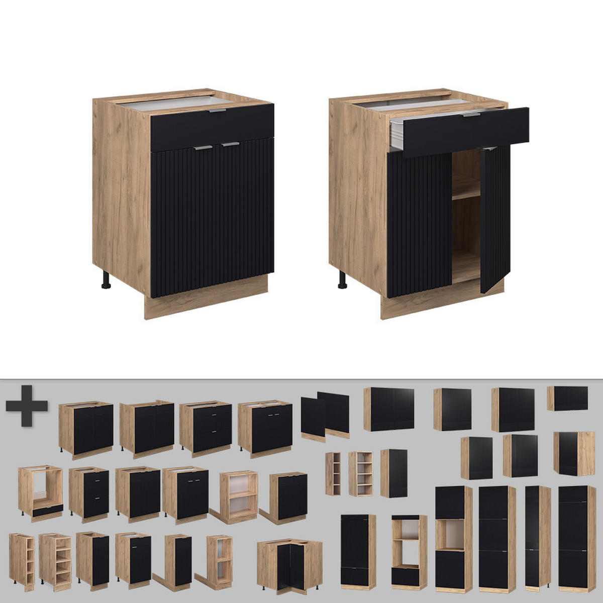 KÜCHENUNTERSCHRANK Fame-Line, Schwarz gestreift, 60 cm mit Schublade, AP Eiche - Eiche Wotan/Schwarz, Holzwerkstoff (60/82/60cm) - Vicco