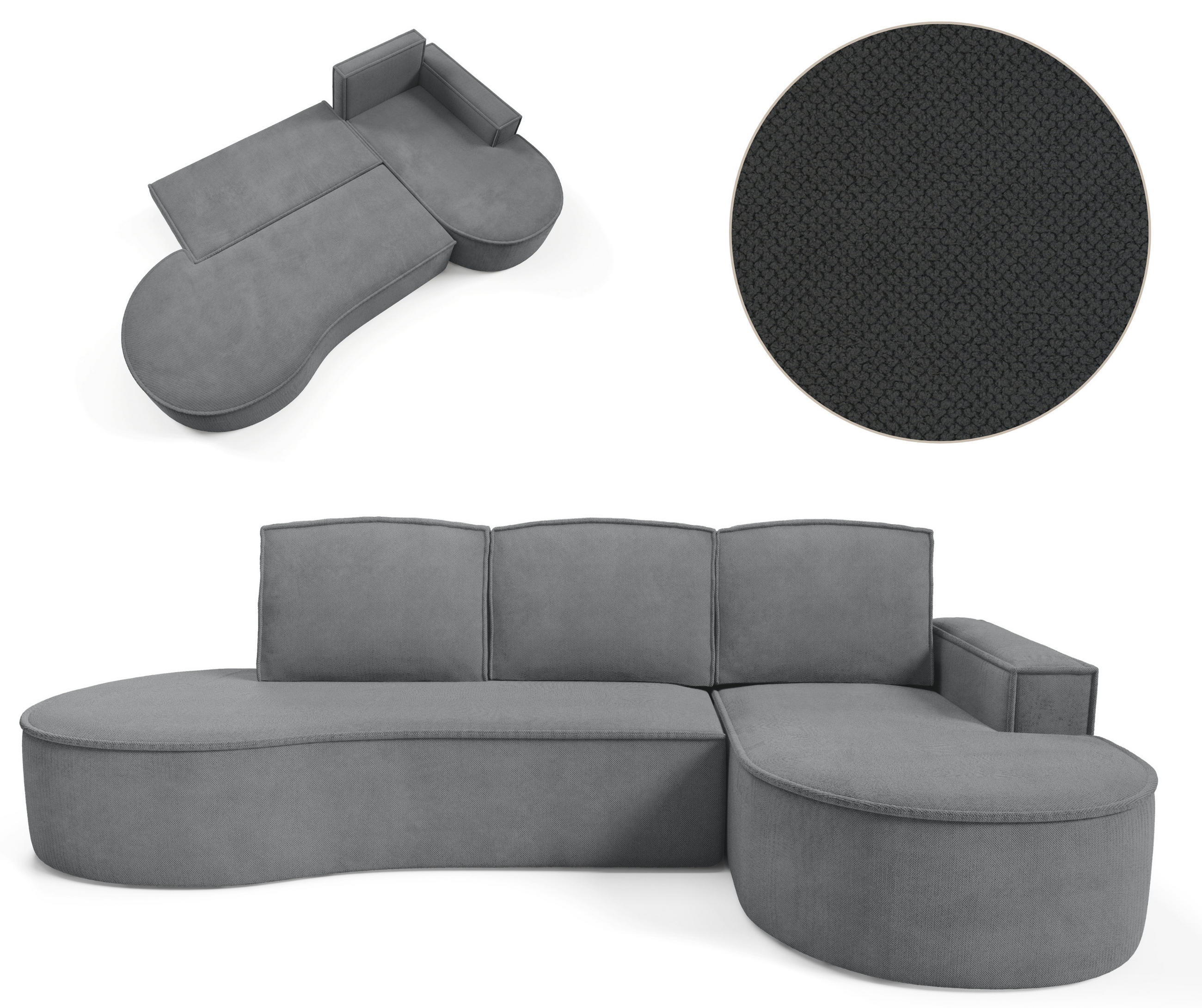 ECKSOFA MOLLY mit Schlaffunktion – Halbrund, freistehend, Liegefläche 140x207 cm, 3 Kissen, Curio-Stoff, 277x157x88 cm, Rechts, Grau - Grau, Holz/Textil (277/157cm) - DomoHome