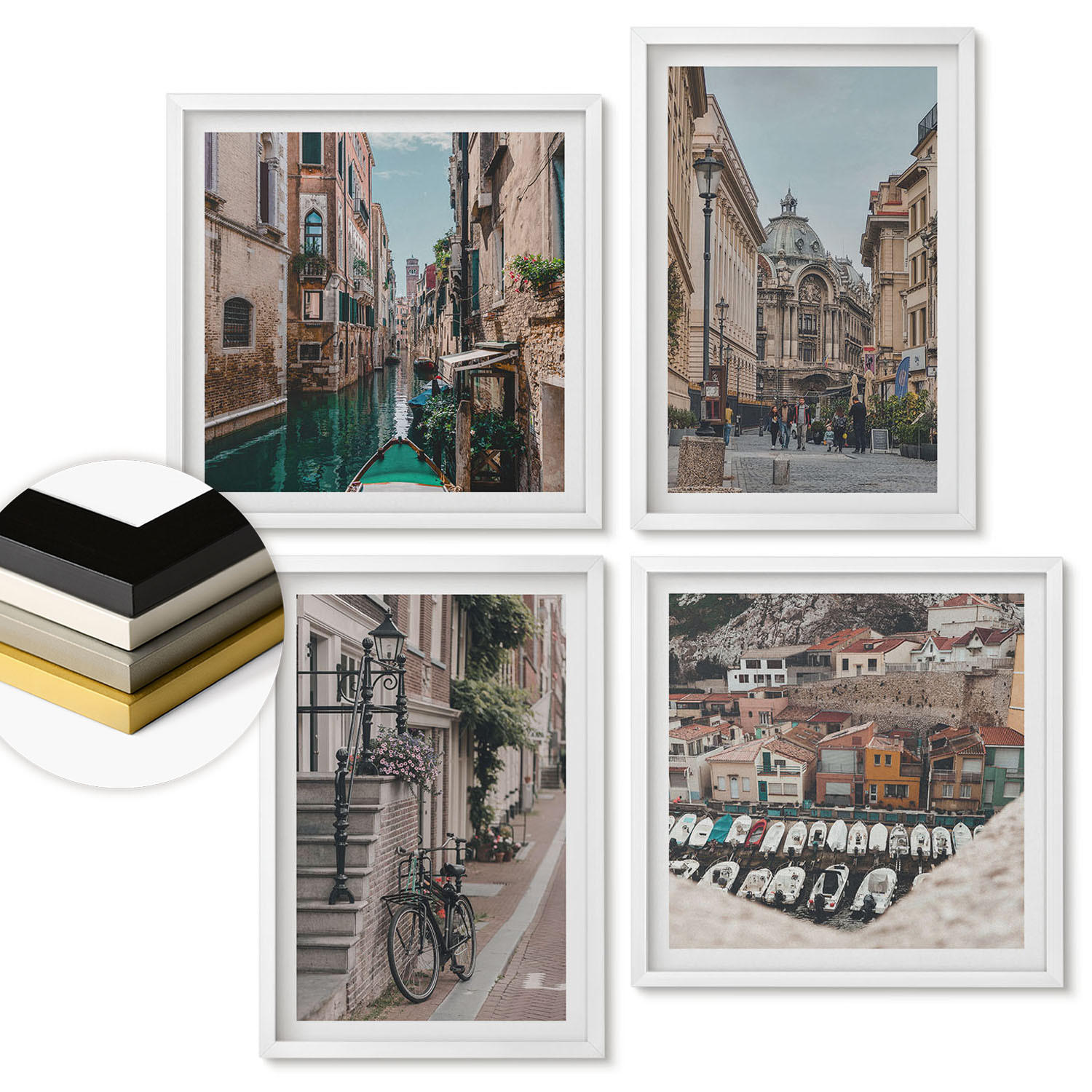 WANDBILDER 4er-Set - 50x50 cm & 40x60 cm Weißer Rahmen - Die charmanten Straßen der Hafenstädte - Weiß, Kunststoff (50/50cm) - ArtPrintCave