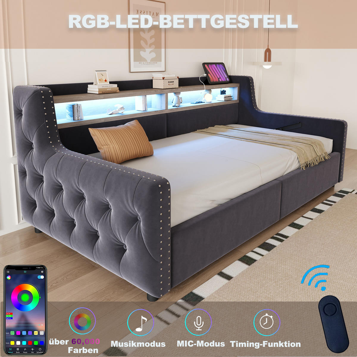 POLSTERBETT 90x200 cm LED USB Stauraum grau - Grau, Textil (90/200cm) - Fortuna Lai
