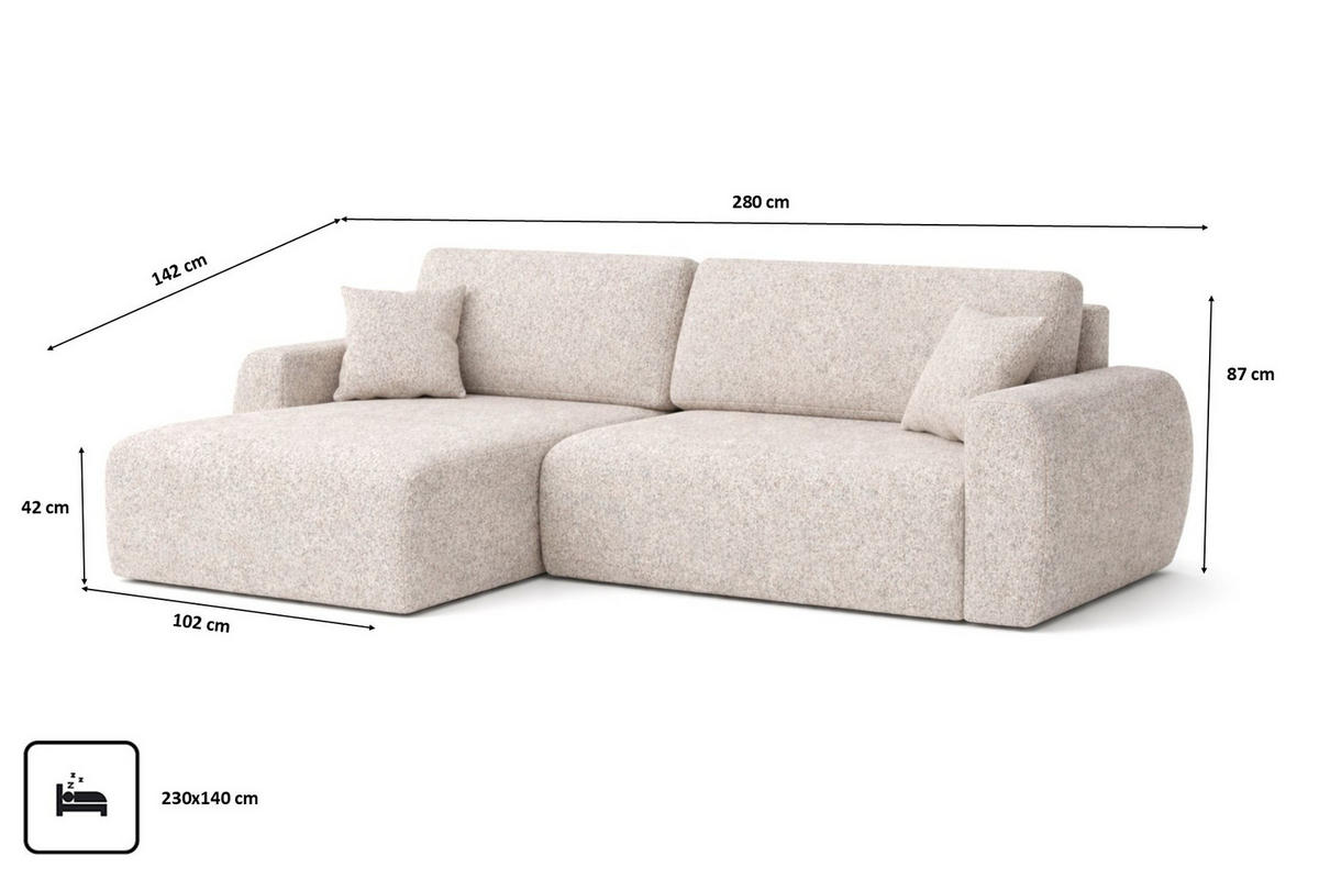 ECKSOFA Mit Schlaffunktion, Ariel XL, Chenille-Stoff, Stoff Artico, Beige, Links - Beige, Holz (280/142cm) - Kaiser Möbel