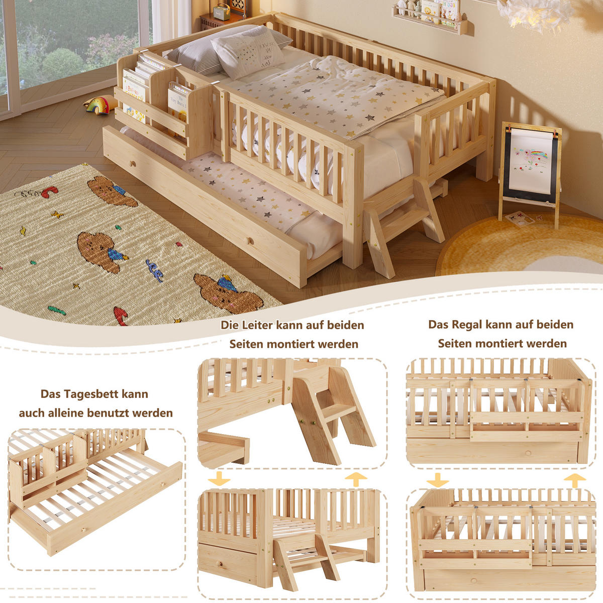 KINDERBETT 90/200 cm in Natur mit Ausziehbett und Regal Massivholz Skandi-Design - Naturfarben, Holzwerkstoff (90/200cm) - STILVORA