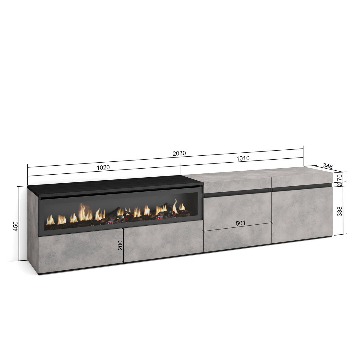 LOWBOARD Elektrokamin, zementgrau, 200/35/45cm - Hellgrau, Holzwerkstoff (200/45/35cm) - Skraut Home