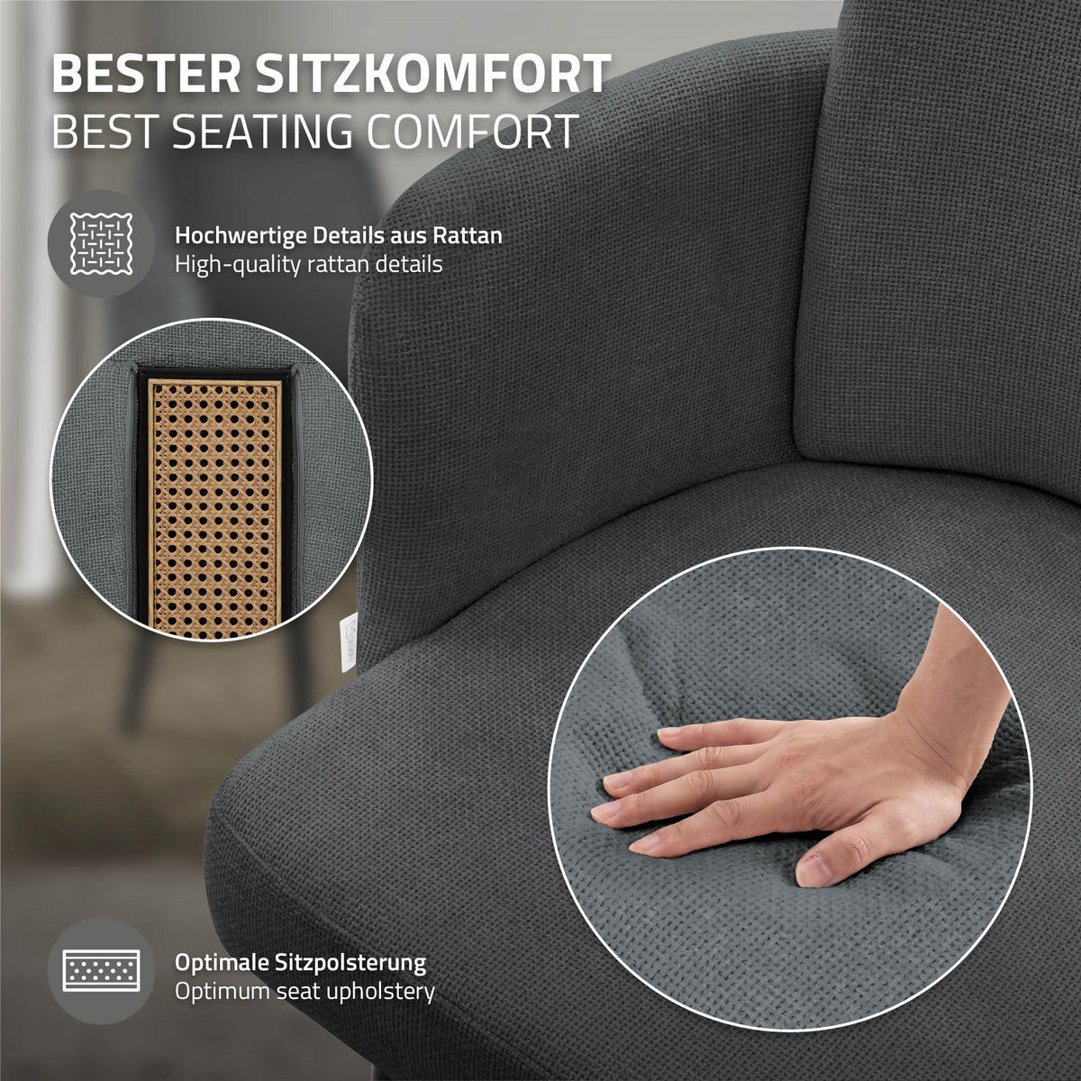ESSZIMMERSTÜHLE 2er Set Anthrazit mit Stoffbezug Rattan Optik - Anthrazit/Schwarz, Textil/Metall (59/86/59cm) - ML-DESIGN