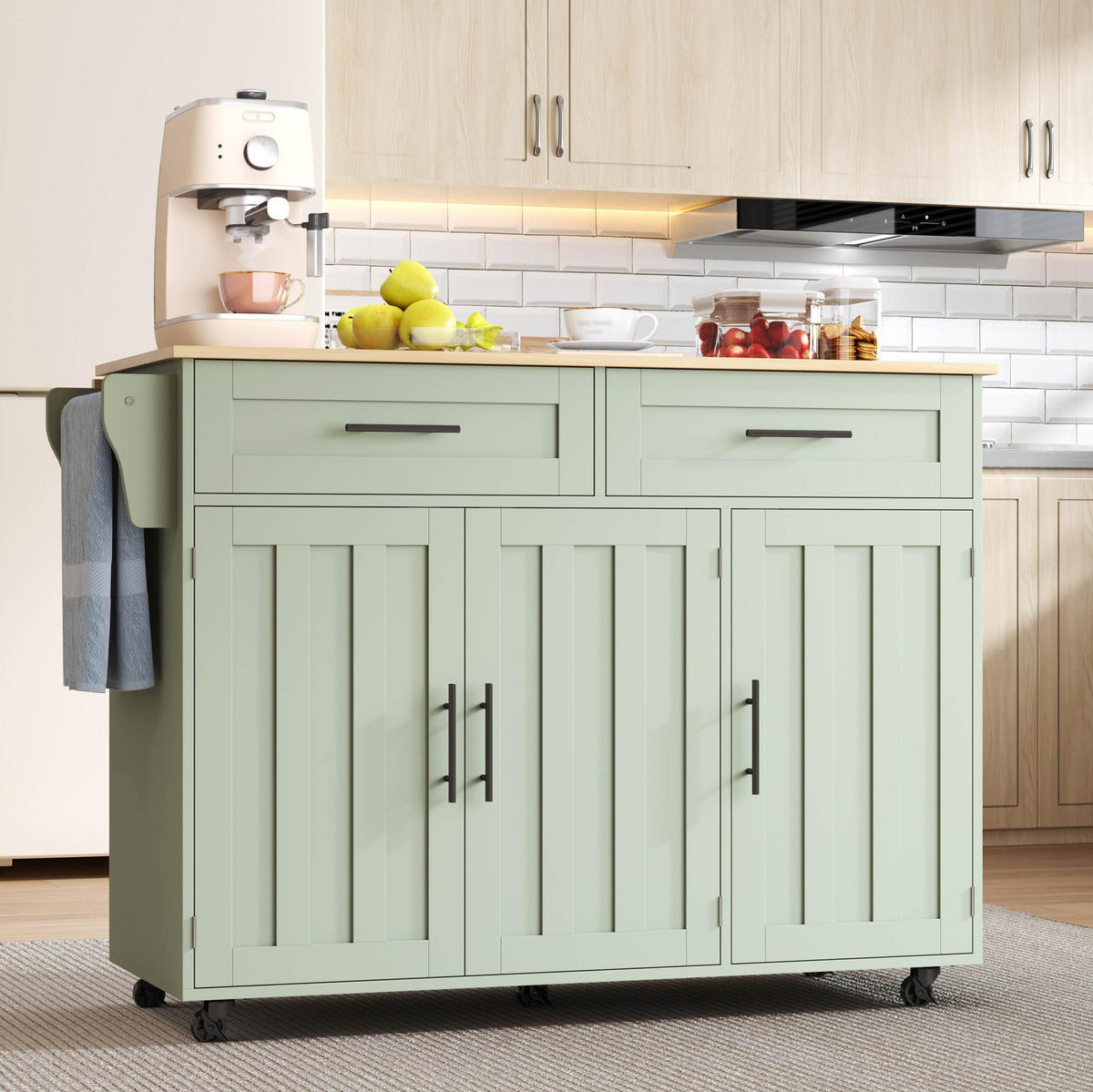 KÜCHENWAGEN mit Klappplatte 129 x 71 x 91,5 cm Antique Green - Grün, Holz (46/91.5/120cm) - Beauniv