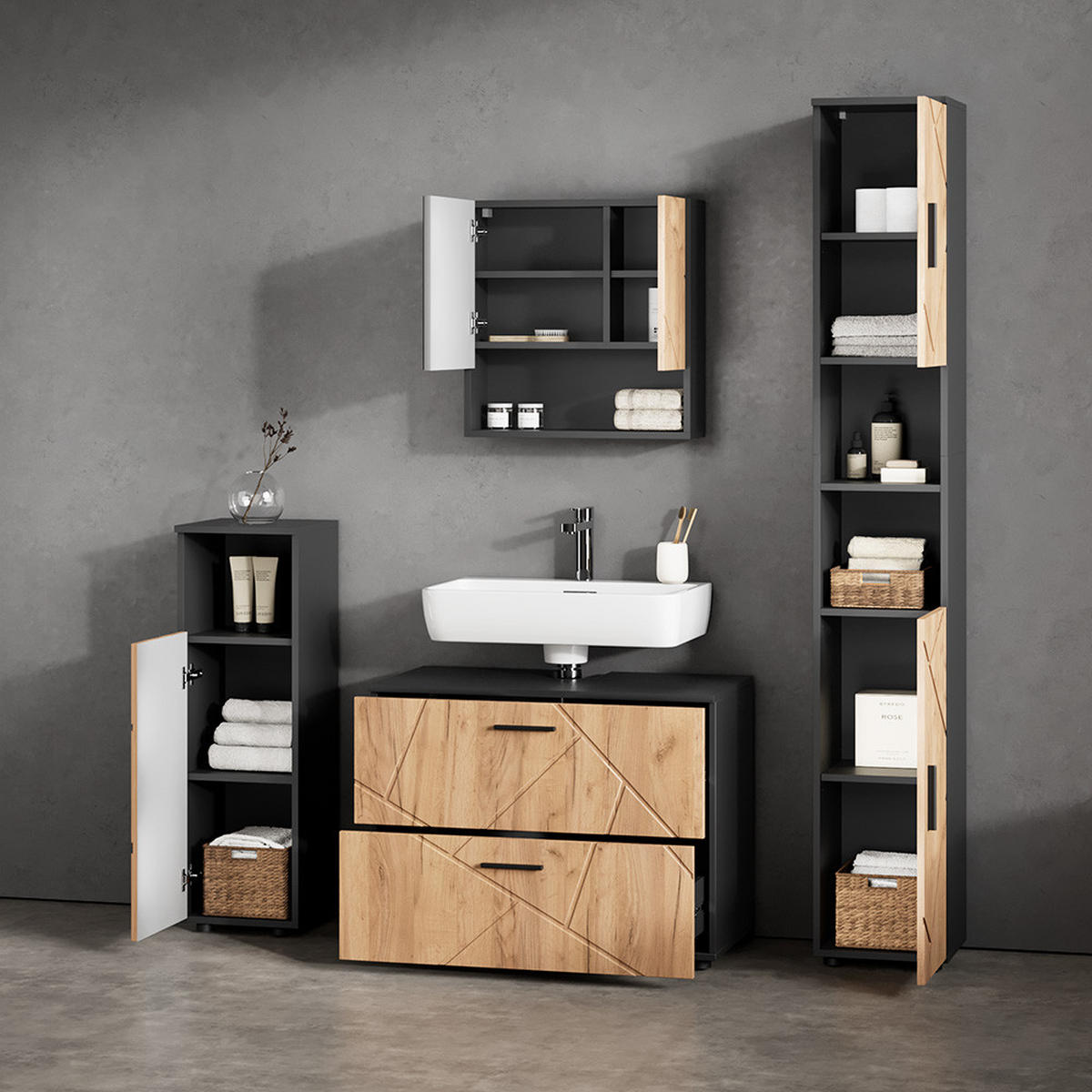 BADMÖBEL-SET Ronco Goldkraft Eiche/Anthrazit 4 Teile, mit Schubladenschrank und Hochschrank - Anthrazit/Eiche Wotan, Holzwerkstoff (80/58/41cm) - Livinity®