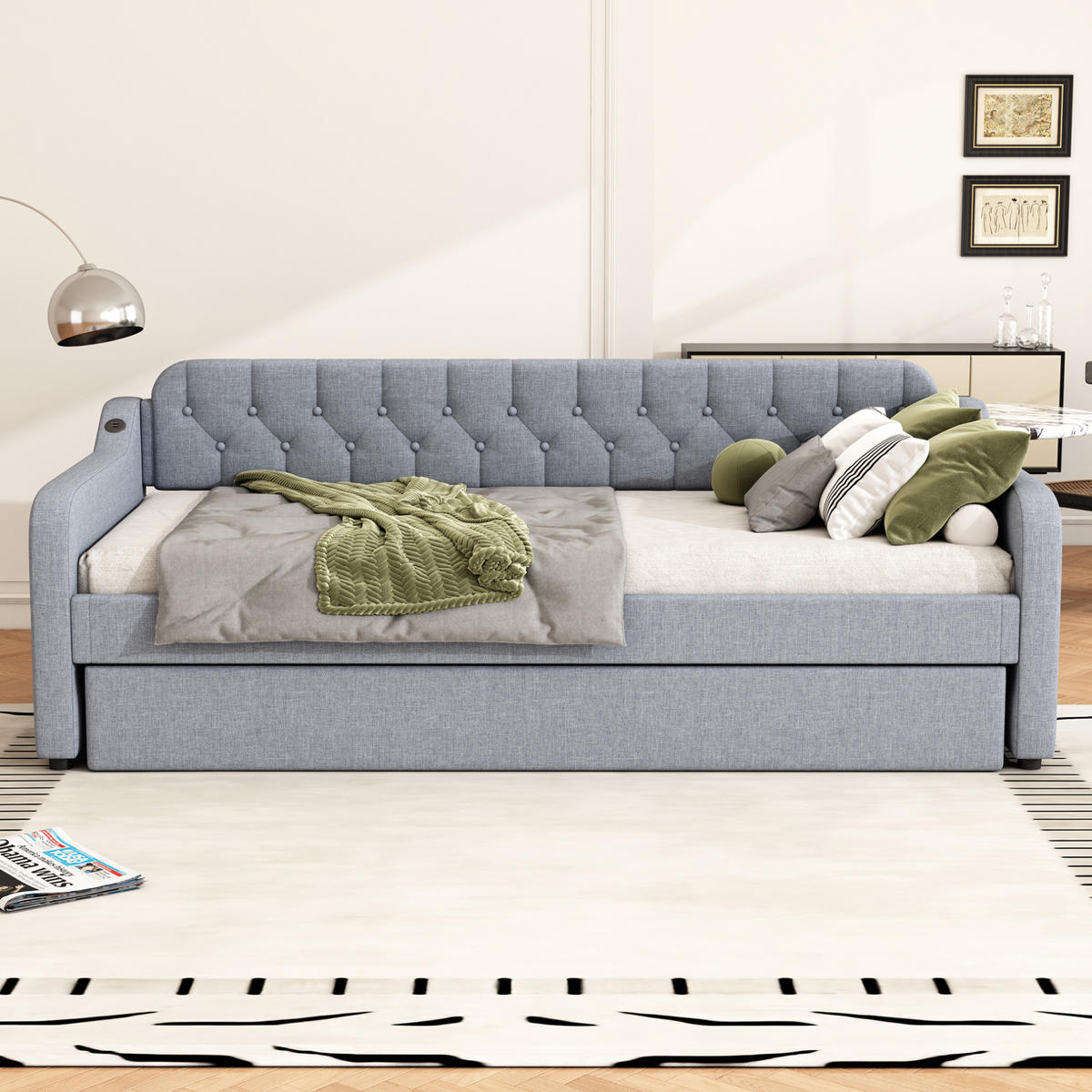 ROZKLADACIA posteľ z ľanovej tkaniny a MDF 90x200 cm sivá s výsuvným lôžkom a USB portom - sivá, textil (90/200cm) - Modfu
