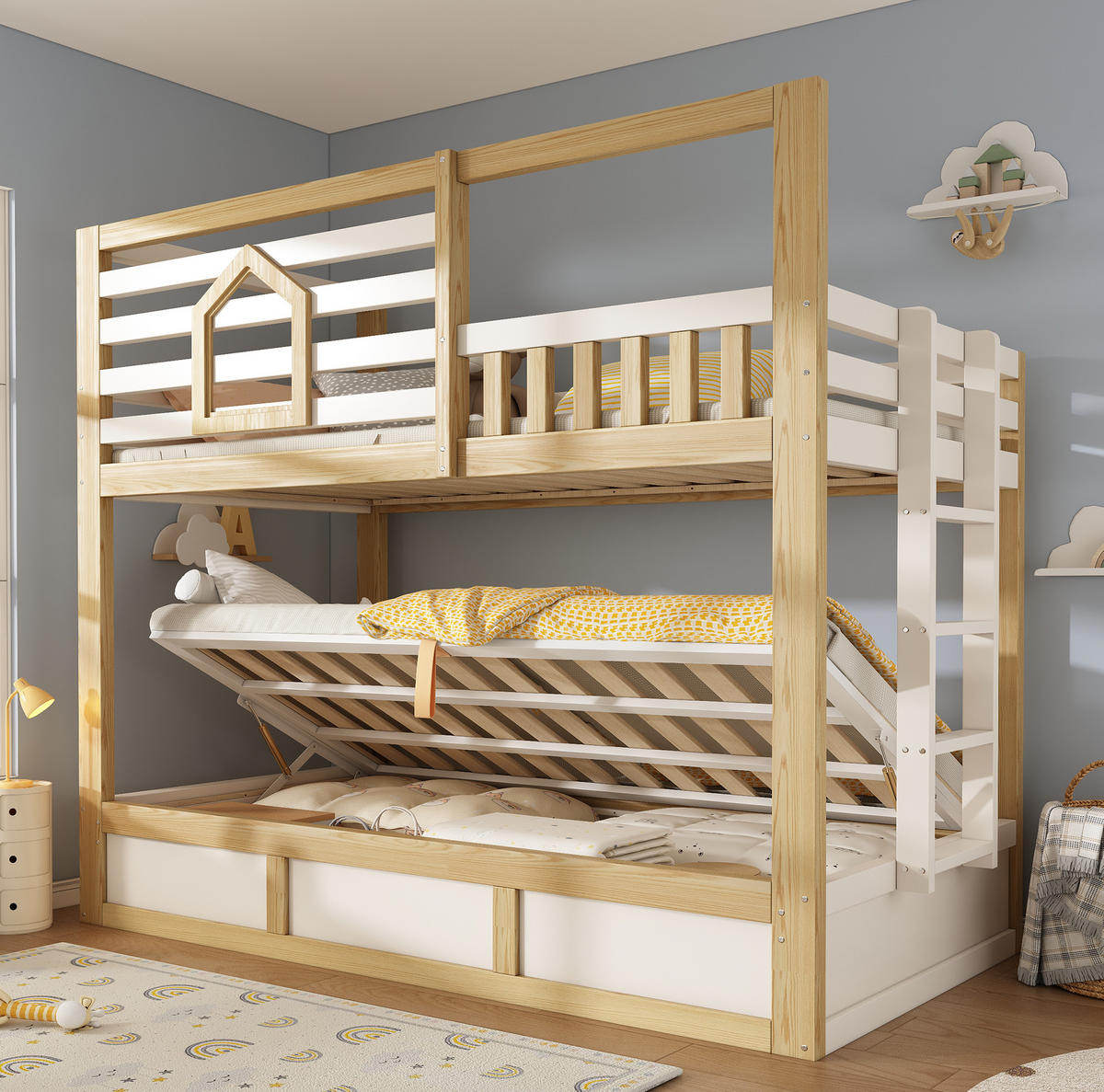 ETAGENBETT Kinderbett 90/200 cm aus Holz mit Hydraulik-Stauraum im Hüttenstil Weiß/Eichefarben - Weiß, Holz (90/200cm) - Modenvie