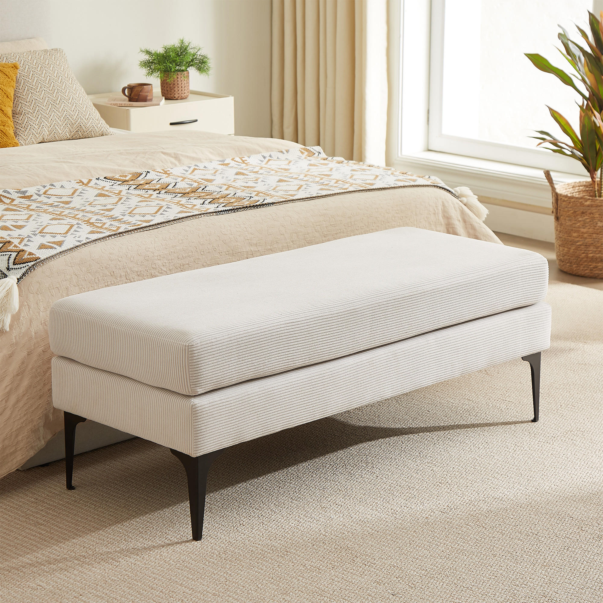BANK/BETTENDE Max beige Cord - Beige/Schwarz, Holz/Textil (119/44.5/50.5cm) - Sicaan