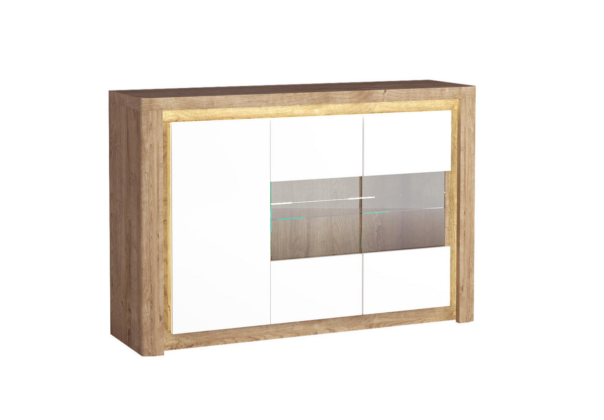 KOMMODE Livinio Ribbeck Eiche / weiß Hochglanz 144 / 40,5 / 97,5cm - Weiß Hochglanz/Eichefarben, Holz/Holzwerkstoff (144/98/41cm) - Feldmann-Wohnen