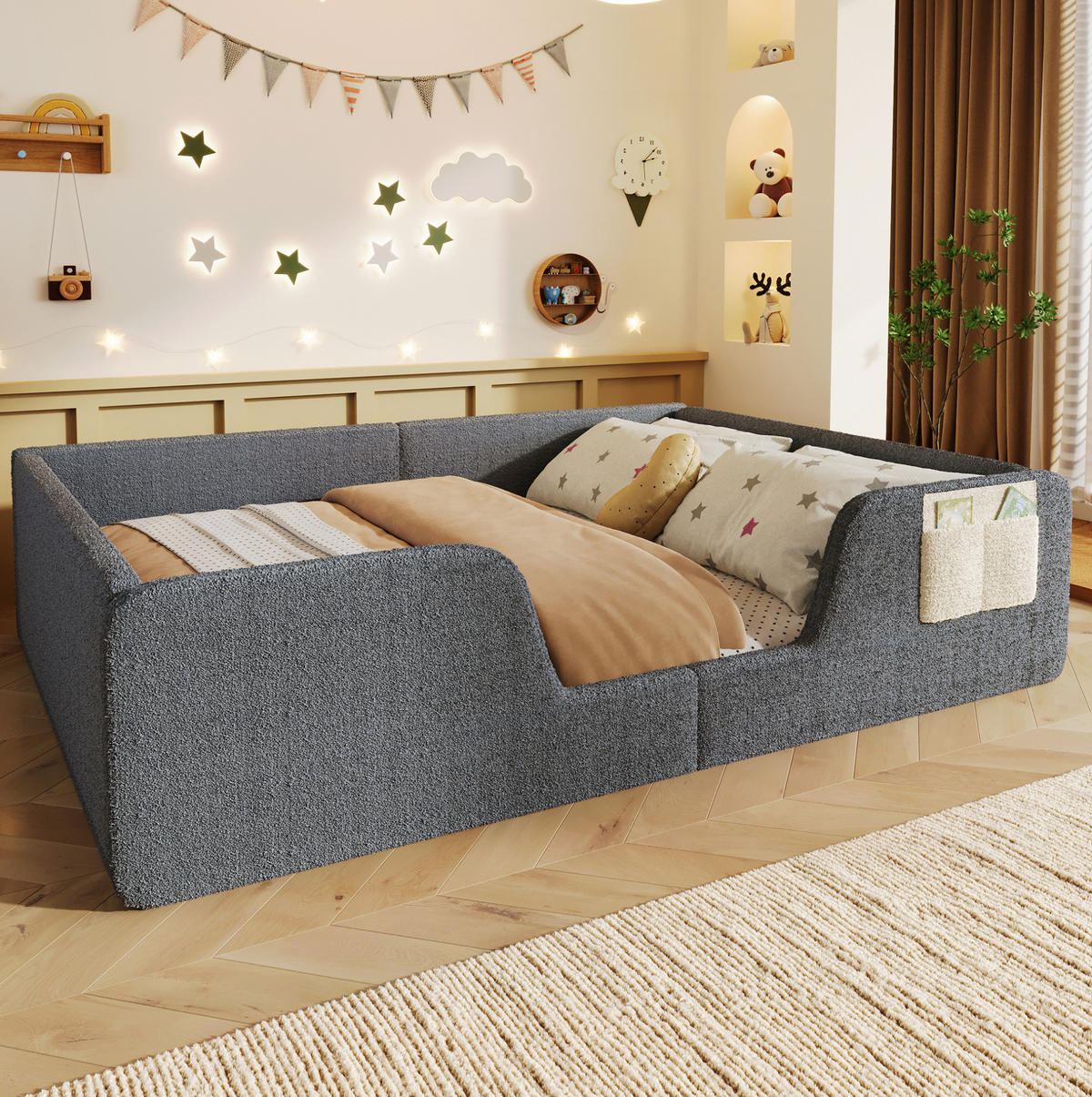 KINDERBETT aus Samt 140x190 cm Grau mit abnehmbaren Seitengittern, Stofftasche und gepolstertem Rundumschutz - Grau, Textil (140/190cm) - Modfu