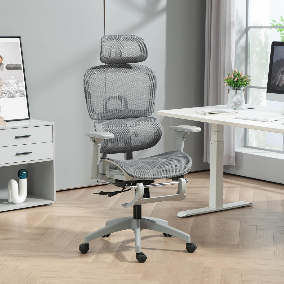 BÜROSTUHL, Ergonomischer Schreibtischstuhl mit Netzstoffbezug, verstellbar, rollbar, mit Armlehnen, Kopfstütze, Grau - Grau, Textil (64/122/66cm)