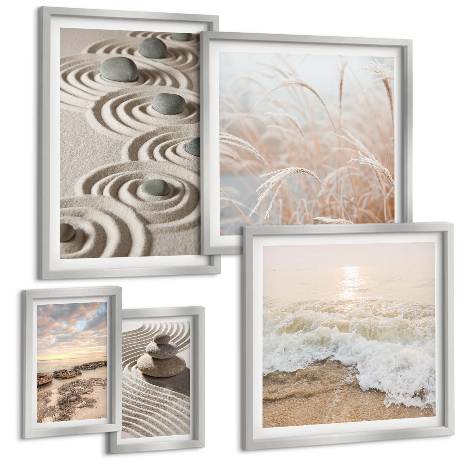BILDER SET 5er Set - 50x50 cm & 20x30 cm & 40x60 cm Silberner Rahmen - Blumen im Wasser des Buddha-Wasserfalls - Silberfarben, Kunststoff (40/60cm) - TULUP