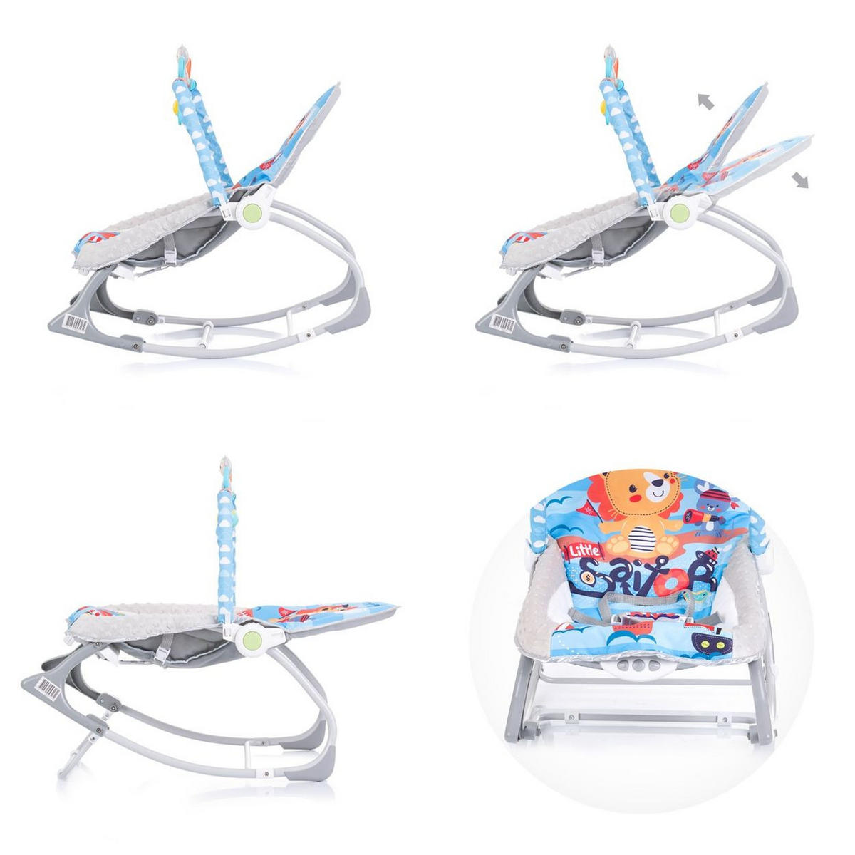 BABYWIPPE Baby Spa 2 in 1 blau Musikfunktion, Vibration, Spielbogen, 3-Punkt-Gurt, Kinderstuhl - Blau, Metall - Chipolino