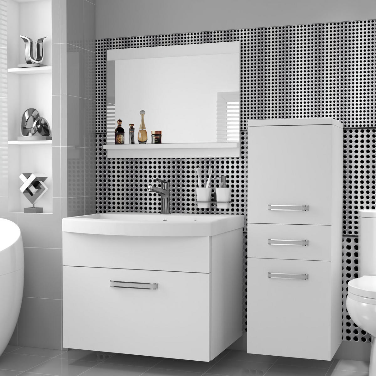 BADMÖBEL Badezimmer SET PRI M2, Weiß Matt, 90 cm - Weiß, Holz (38.7/81/90cm) - B BELINI GROUP