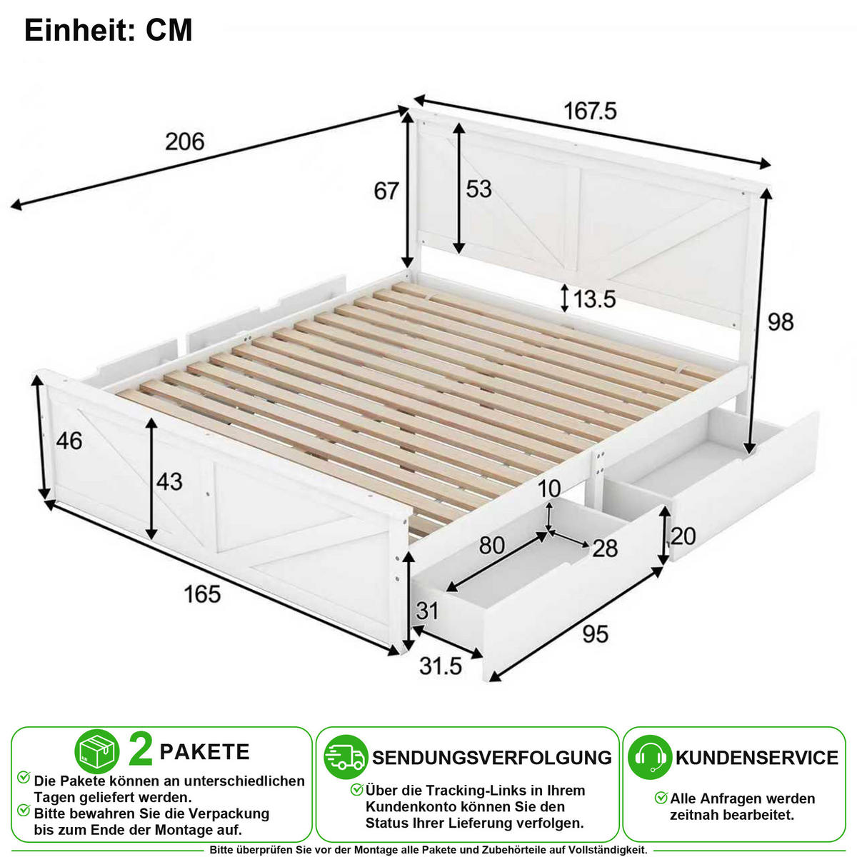 BETT 160/200 cm in Weiß mit 4 Schubladen und Kopfteil aus Kiefernholz - Weiß, Holz/Holzwerkstoff (160/200cm) - CHICFURN