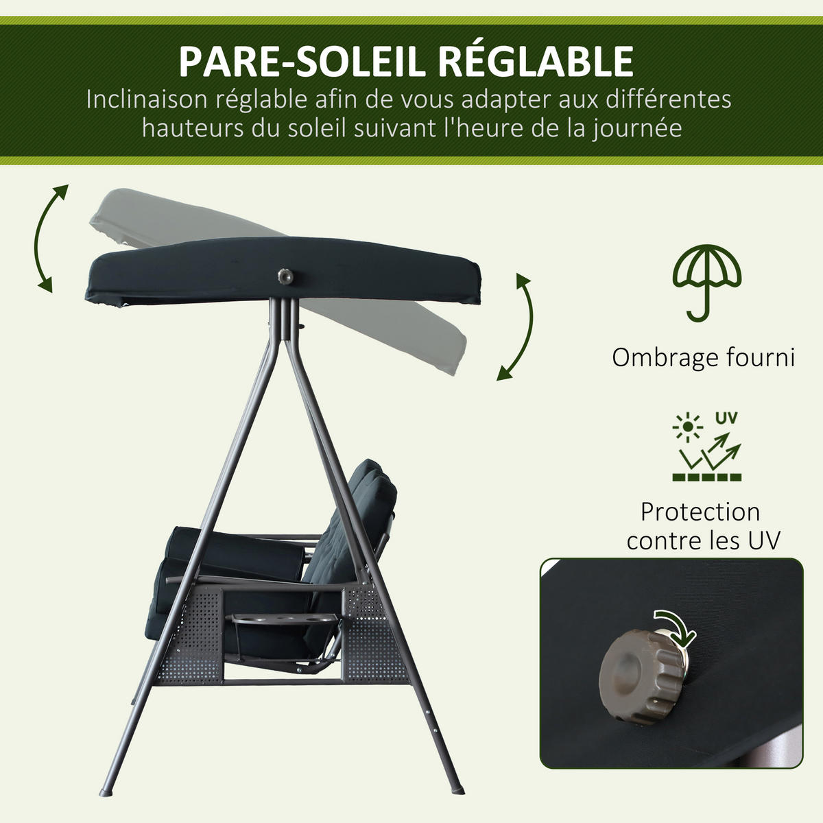 GARTENSCHAUKEL Schwarz 3-Sitzer mit verstellbarem Dach - Schwarz, Metall (121/172/208cm) - PANGIVO