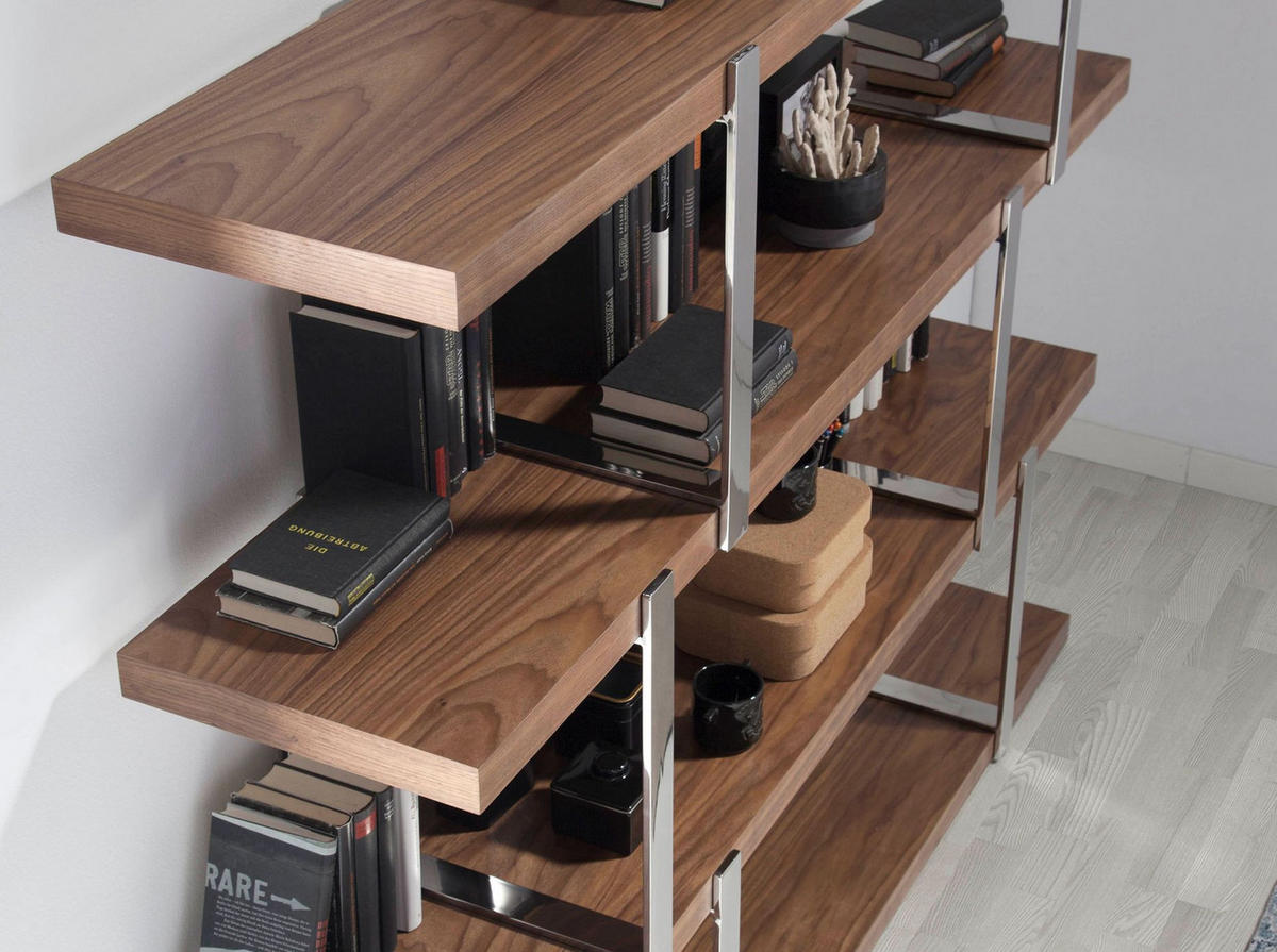 REGAL Bücherregal aus Nussbaumholz mit schwarzen Glasfächern 180/40/146 cm - Edelstahlfarben/Walnussfarben, Holz/Metall (180/146/40cm) - ANGEL CERDA