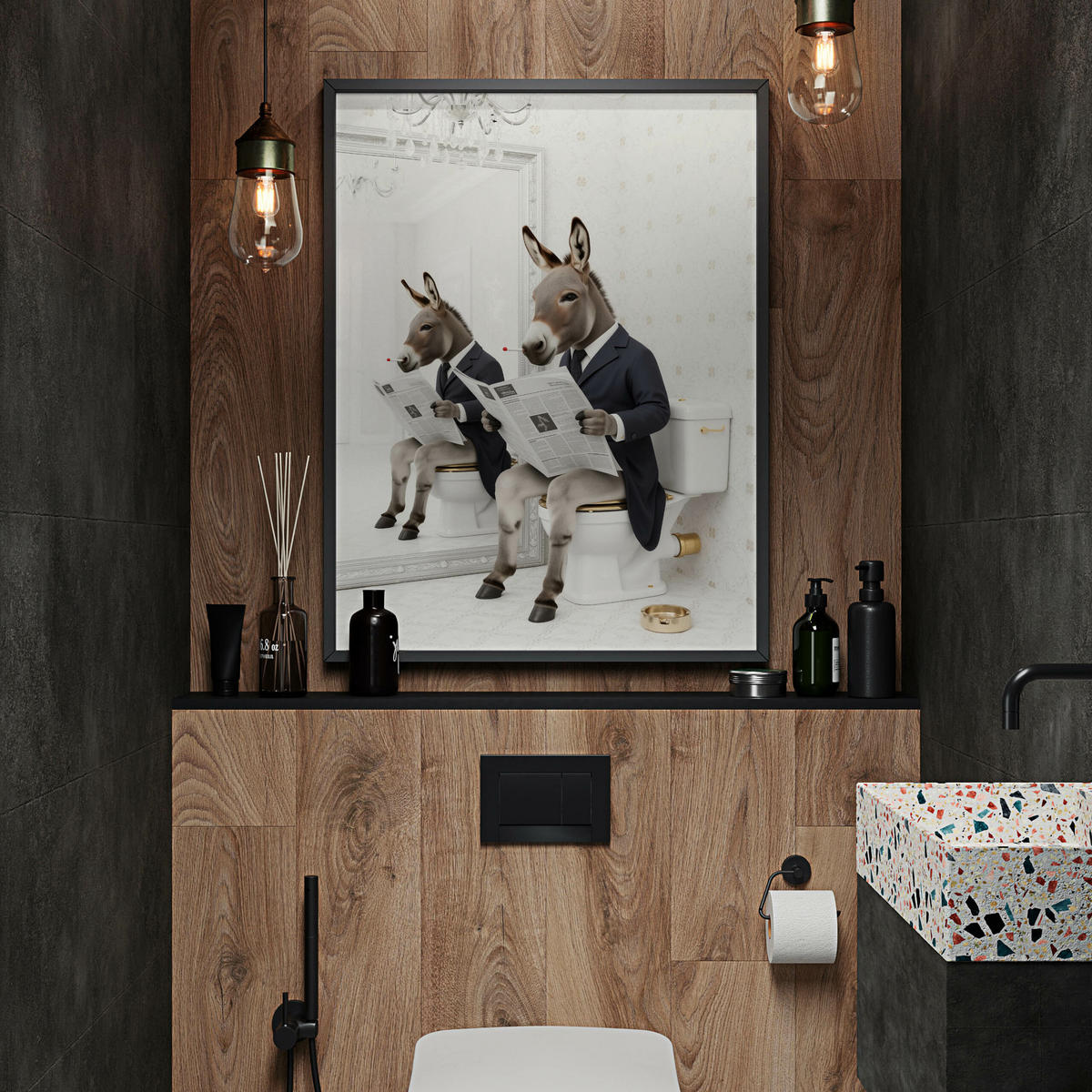 POSTER für Badezimmer WC ESEL im Anzug auf Toilette mit Zeitung Abstraktion 30x40cm - Beige/Schwarz, Papier (30/40/40cm) - Muralo