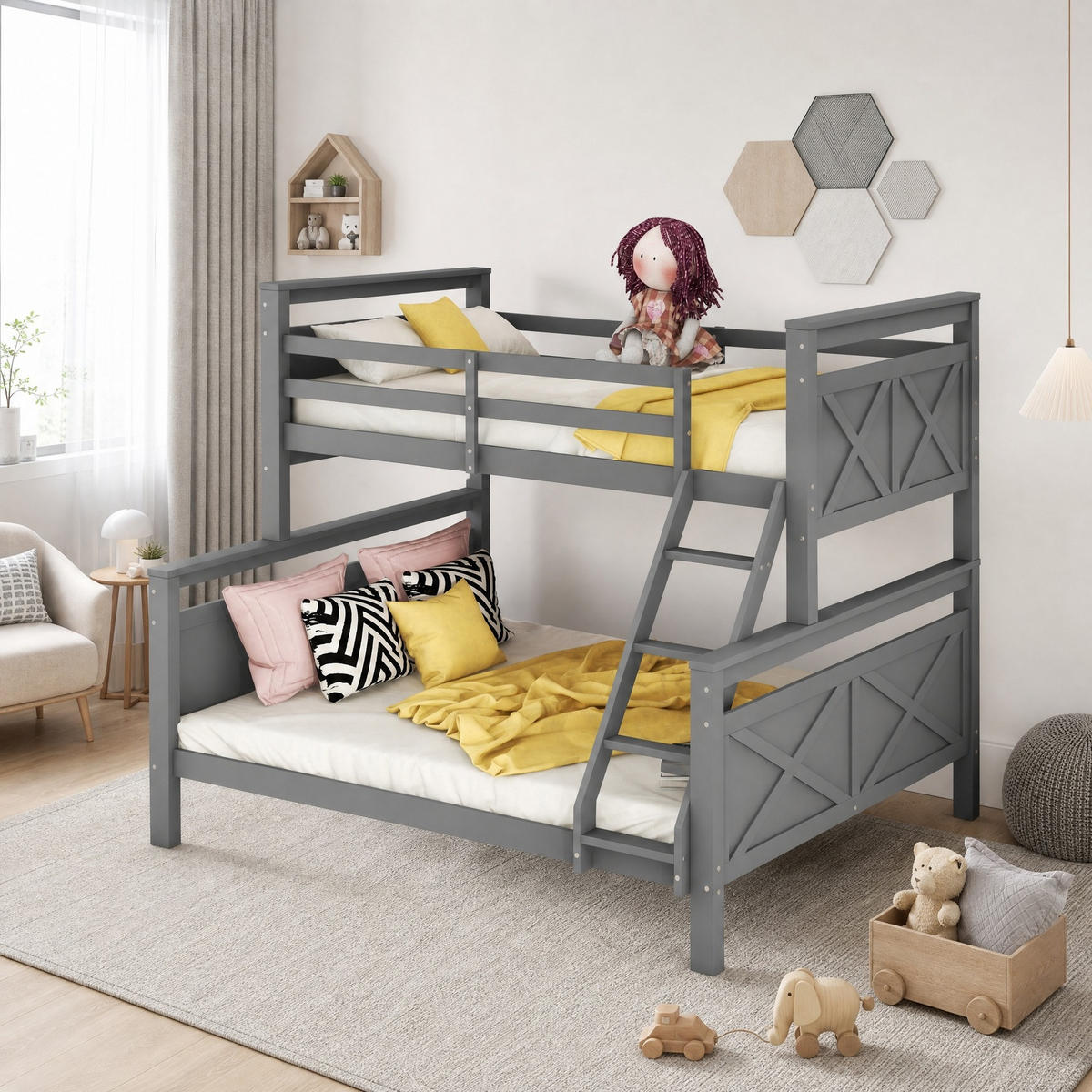 ETAGENBETT 90/200+140/200 mit umbaubarer Funktion und Geländer - Grau, Holz/Holzwerkstoff (140/200cm) - EVRYAE