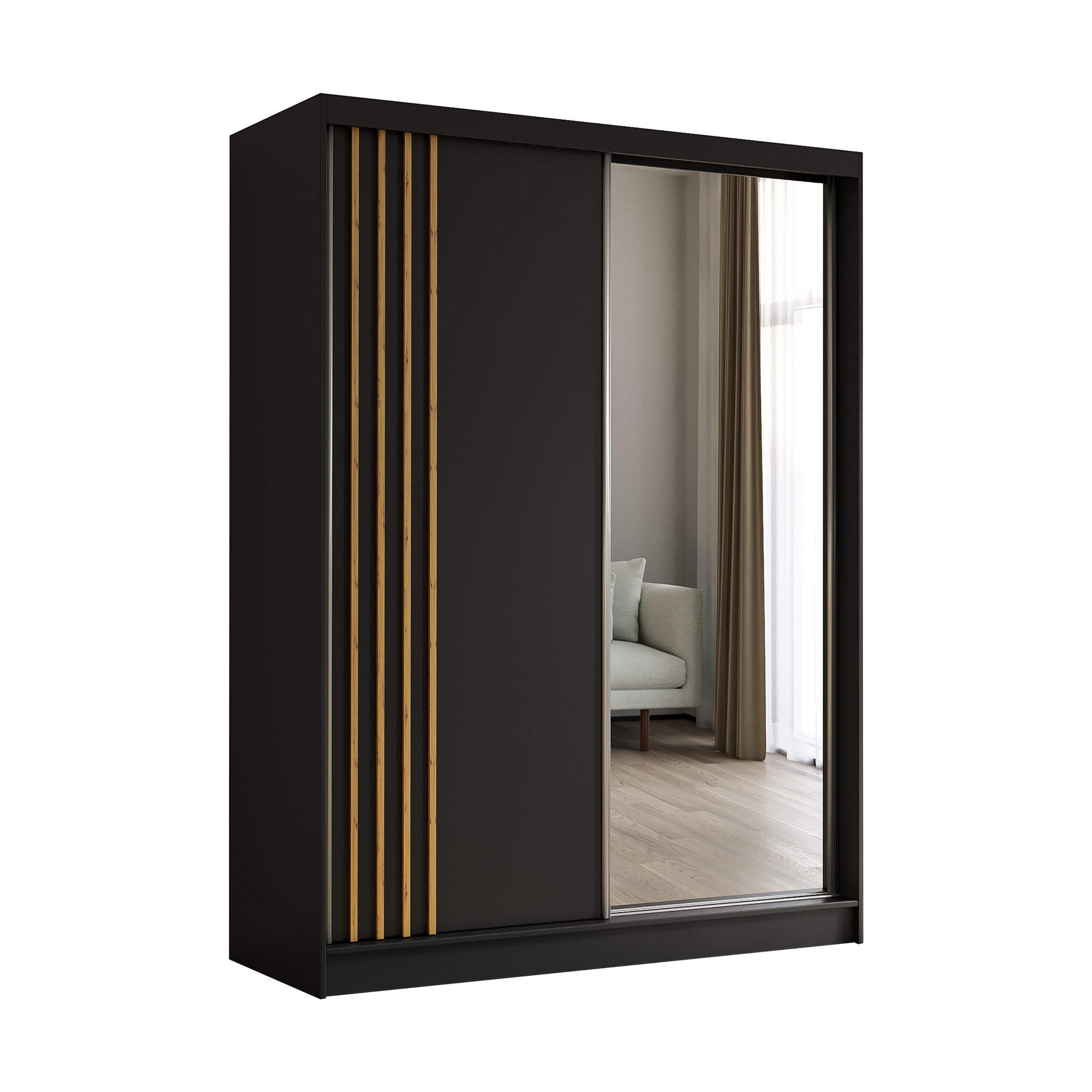 SCHWEBETÜRENSCHRANK Neli 160 cm mit Lamellen und Spiegel 2-türig, schwarz, schwarz, Lamelle Artisan - Schwarz/Eiche Artisan, Kunststoff (160/216/61cm) - Margaret Hadas24