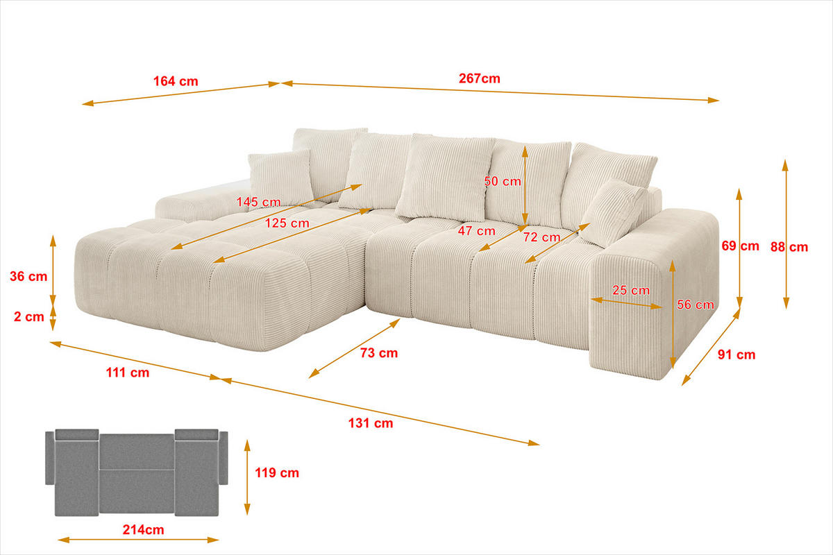 ECKSOFA Ottomane Links ENSI-L - 267x164x88 cm Beige - Beige, Holzwerkstoff/Kunststoff (267/164cm) - ALTDECOR