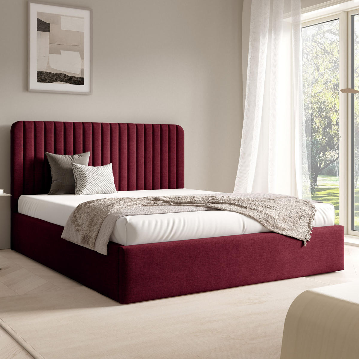 POLSTERBETT BEA II mit Bettkasten 180x200,Doppelbett mit Stauraum,Lattenrost,Boxspringbett-Optik,ohne Matratze-Weinrot - Weinrot, Holz (180/200cm) - Furnistar