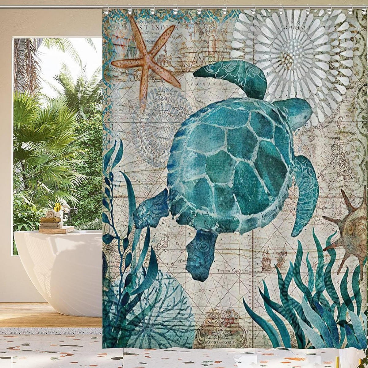 DUSCHVORHANG nautisch Vintage Muster Schildkröte Blau Petrol fürs Badezimmer 180 cm - Multicolor, Textil (120/180cm) - MCBOSON
