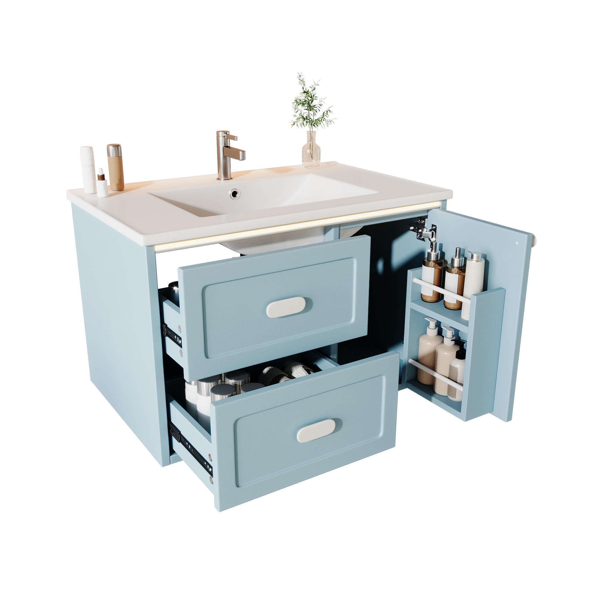 BADEZIMMER-HÄNGESCHRANK 76x46x51 cm Blau aus Keramik & Spanplatte mit Radar-Sensor-LED & 2 Schubladen - Blau, Holzwerkstoff (76/51/46cm) - Modfu