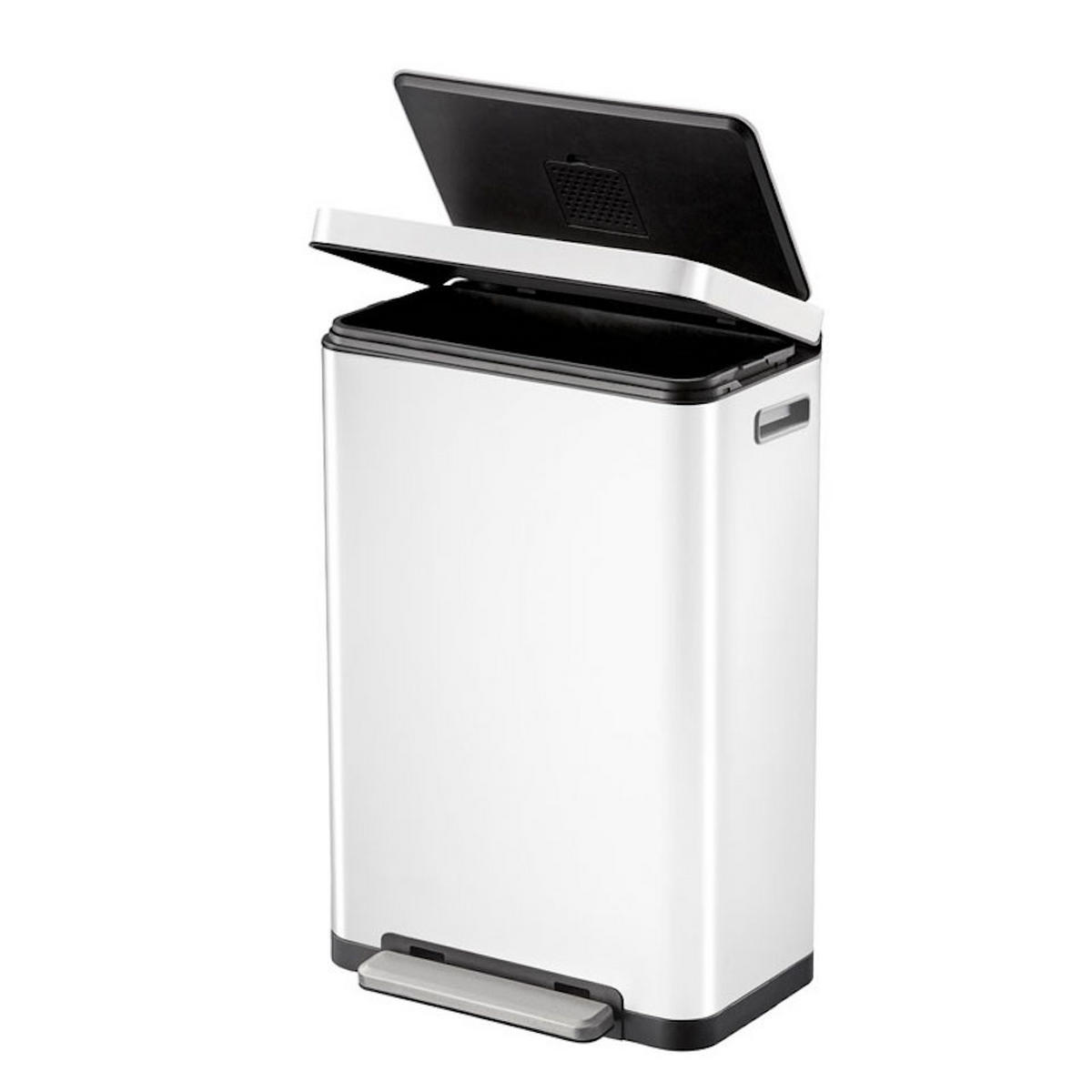 MÜLLEIMER Stilvoller Rechteckiger Mit Extra Breitem Pedal & Gedämpften Stay Open Deckel 63,7 x 36,2 x 29,7 cm 30 Liter Weiß - Weiß, Metall (36.2/63.7/29.7cm) - PROREGAL