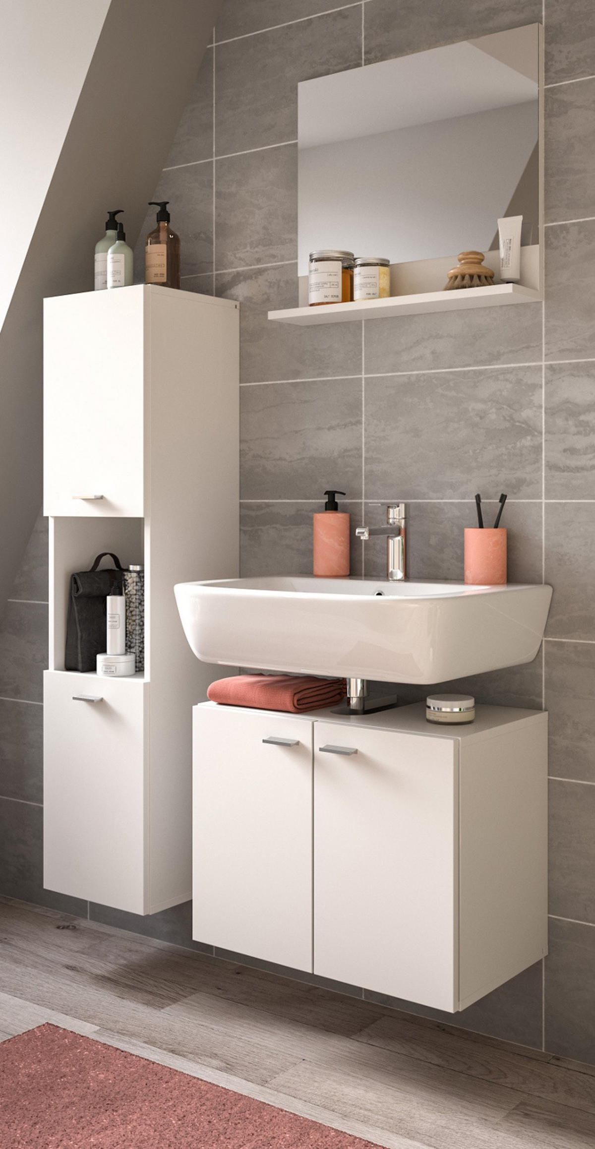 BADMÖBEL-SET weiß 3-teilig 100 cm, Kombination hängend oder stehend - Weiß, Glas/Holzwerkstoff (102/186/33cm) - Inn.Furn