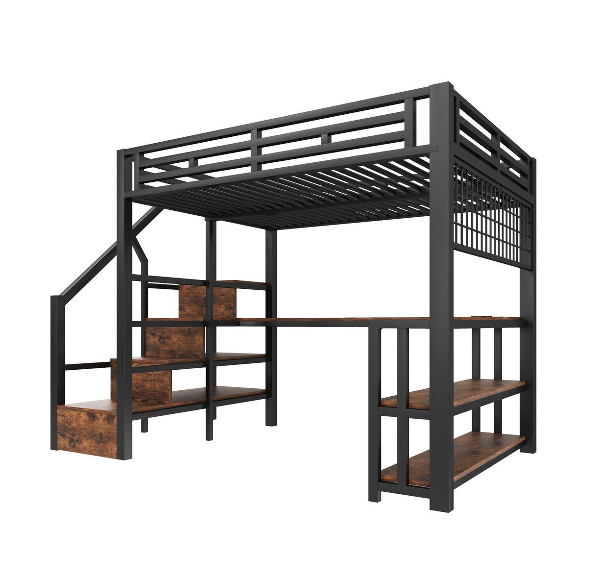 HOCHBETT 140/200 cm mit Schreibtisch, Regal, LED-Lichtleiste, USB und Typ-C, Metall/MDF, Schwarz - Schwarz, Metall (140/200cm) - Redom