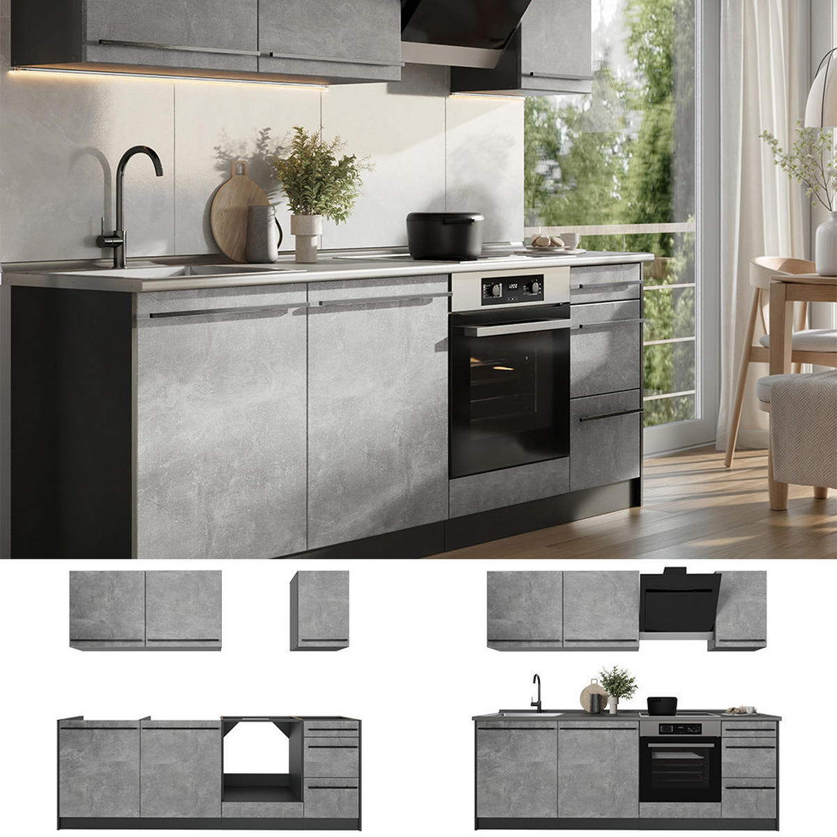 KUCHYŇSKÝ KOUT R-Line, Beton/Antracit, 220 cm pracovná doska antracitová - šedá/antracitová, kompozitní dřevo (220/81.6/60cm) - Vicco