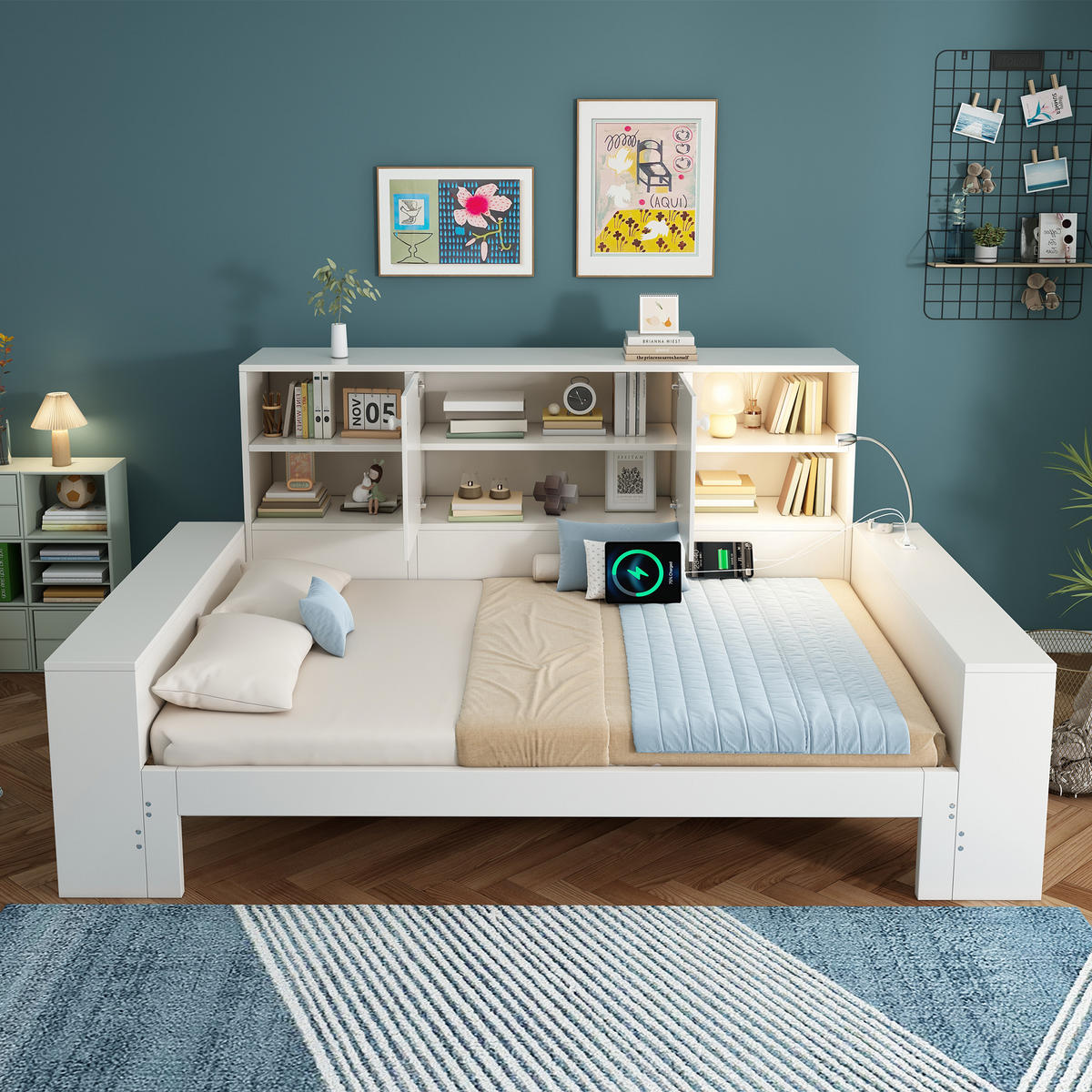 BETT 90/200 cm & 180/200 cm in Weiß mit Ausziehbett, Stauraum, USB, Type-C und LED Holz Design - Weiß, Holzwerkstoff (90/200cm) - STILVORA