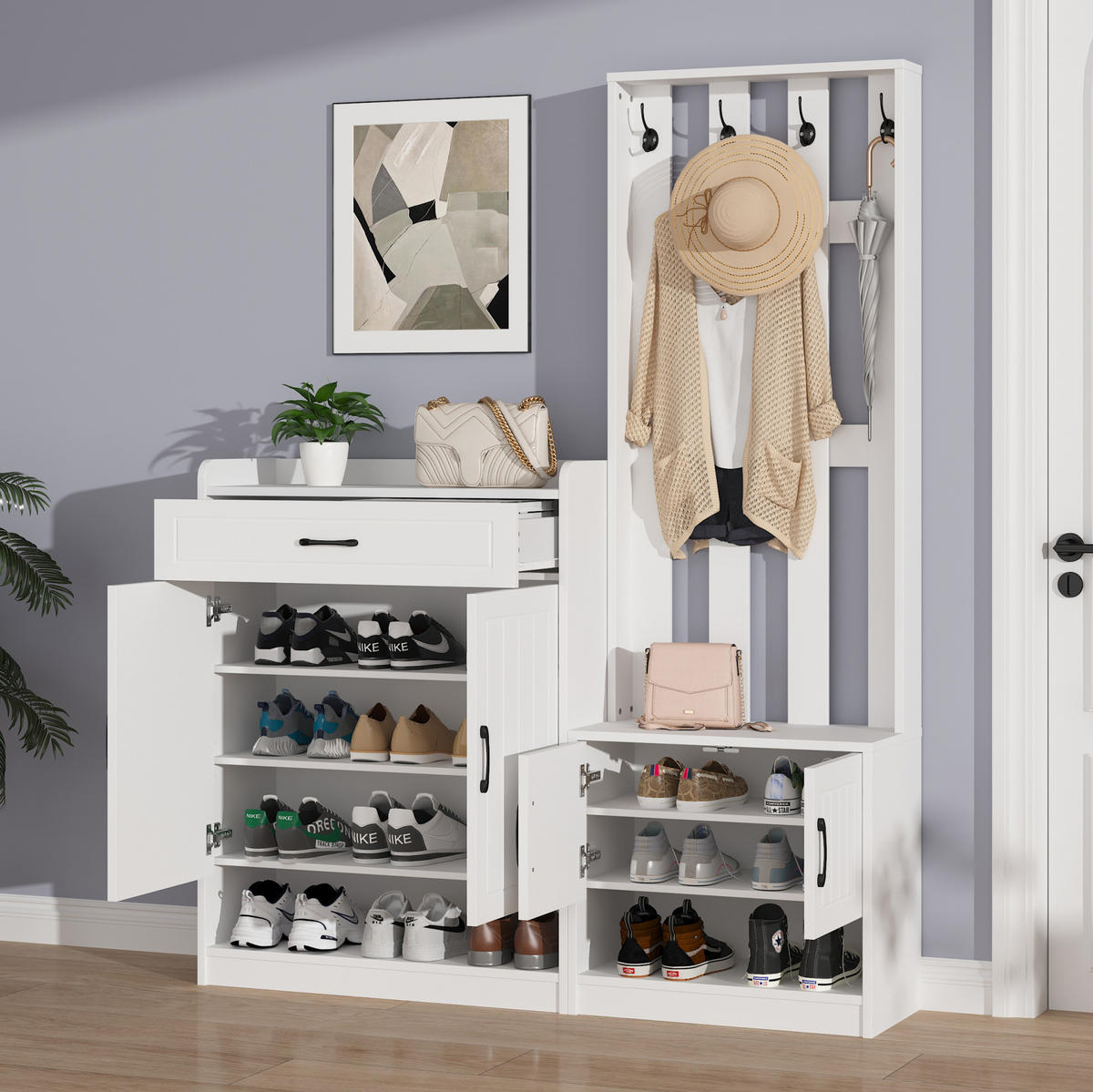 GARDEROBENSET 140/30,5/180 cm aus Spanplatte mit Schuhschrank, Bank und 4 Haken Weiß - Weiß, Holzwerkstoff (140.6/180/30.5cm) - Modenvie