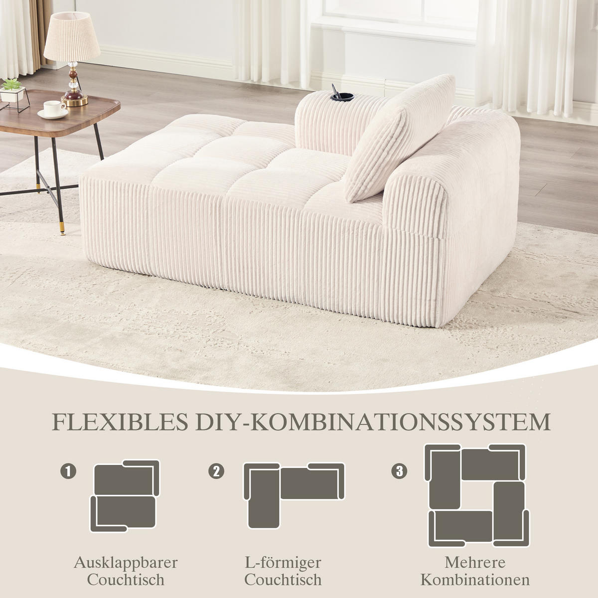 CHAISELONGUE in Cord (158 cm) mit Getränkehalter & Seitentaschen - Beige, Textil (158/61/93cm) - Urban Meuble