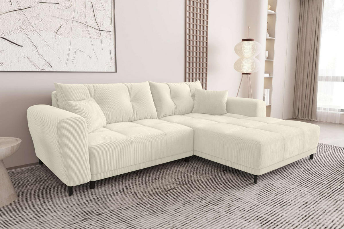 ECKSOFA Massimo Cordstoff Creme inkl. Schlaffunktion Rechts - Creme/Schwarz, Textil/Metall (246/177cm) - 99rooms