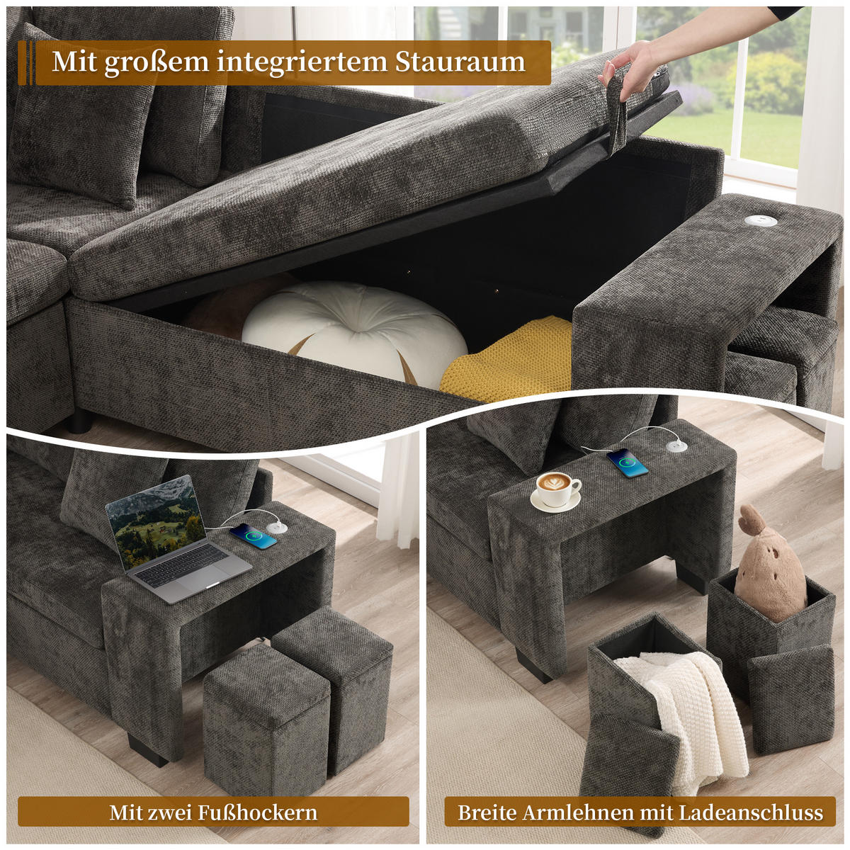 SCHLAFSOFA Grau L-Form USB Stauraum Getränkehalter Kissen - Grau, Textil (205/220cm) - FLIEKS