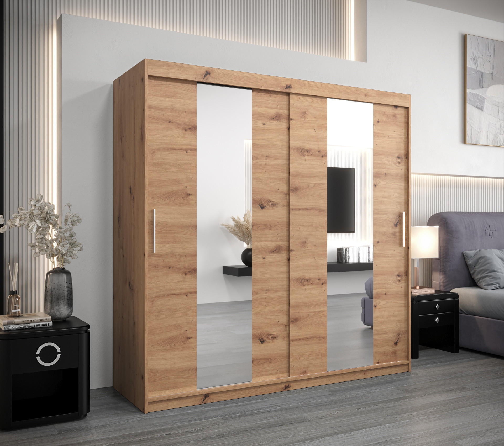SCHWEBETÜRENSCHRANK 200/200/62 2-türig - Silberfarben/Eiche Artisan, Holz/Kunststoff (200/200/62cm) - MÖBEL KRYSPOL