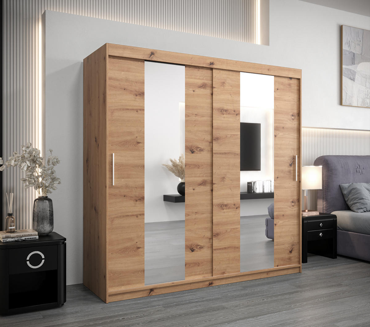 SCHWEBETÜRENSCHRANK 200/200/62 2-türig - Silberfarben/Eiche Artisan, Holz/Kunststoff (200/200/62cm) - MÖBEL KRYSPOL