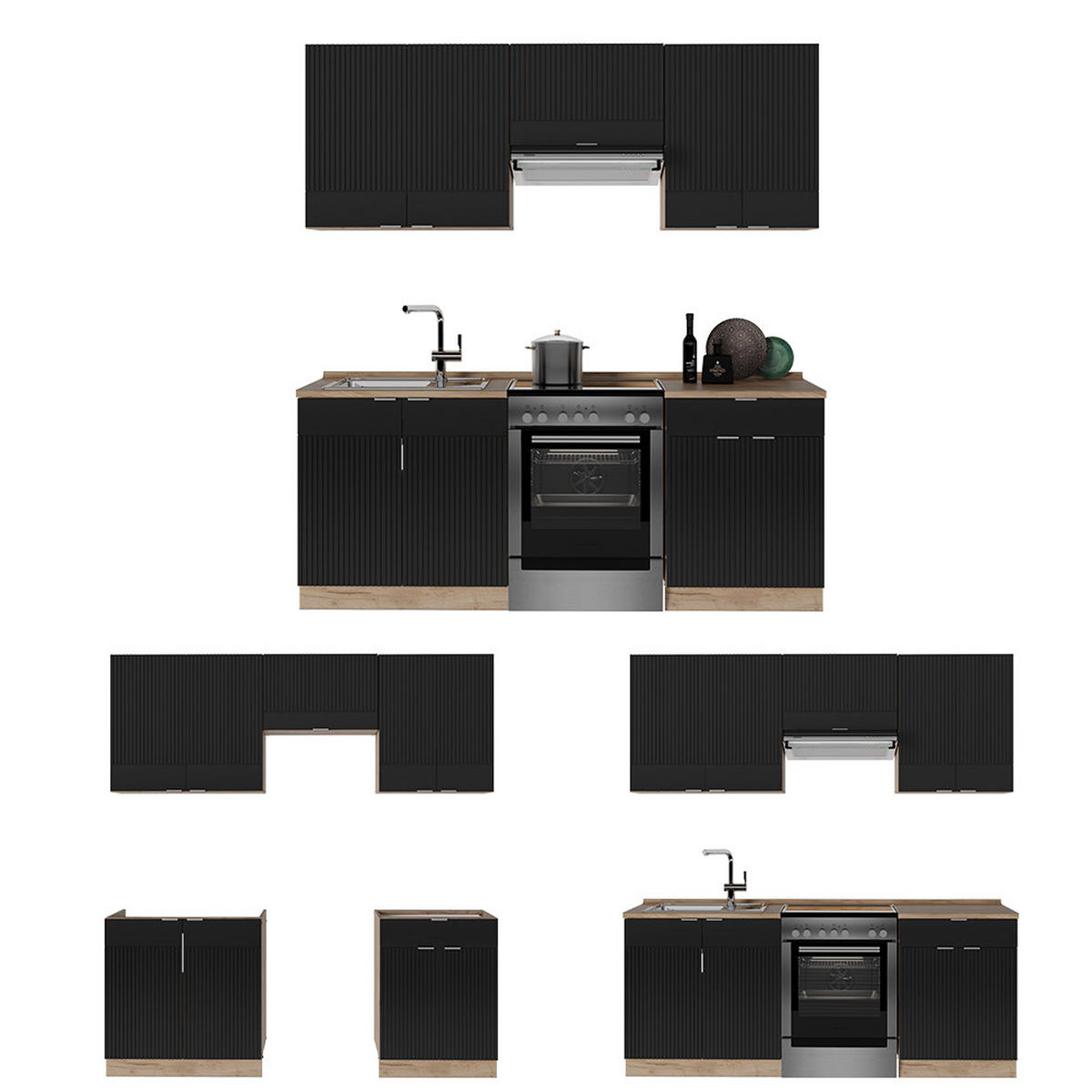 KÜCHENZEILE Fame-Line, Schwarz gestreift/Goldkraft Eiche, 200 cm ohne Arbeitsplatte - Honigeiche/Schwarz, Holzwerkstoff (200/81.6/46cm) - Vicco