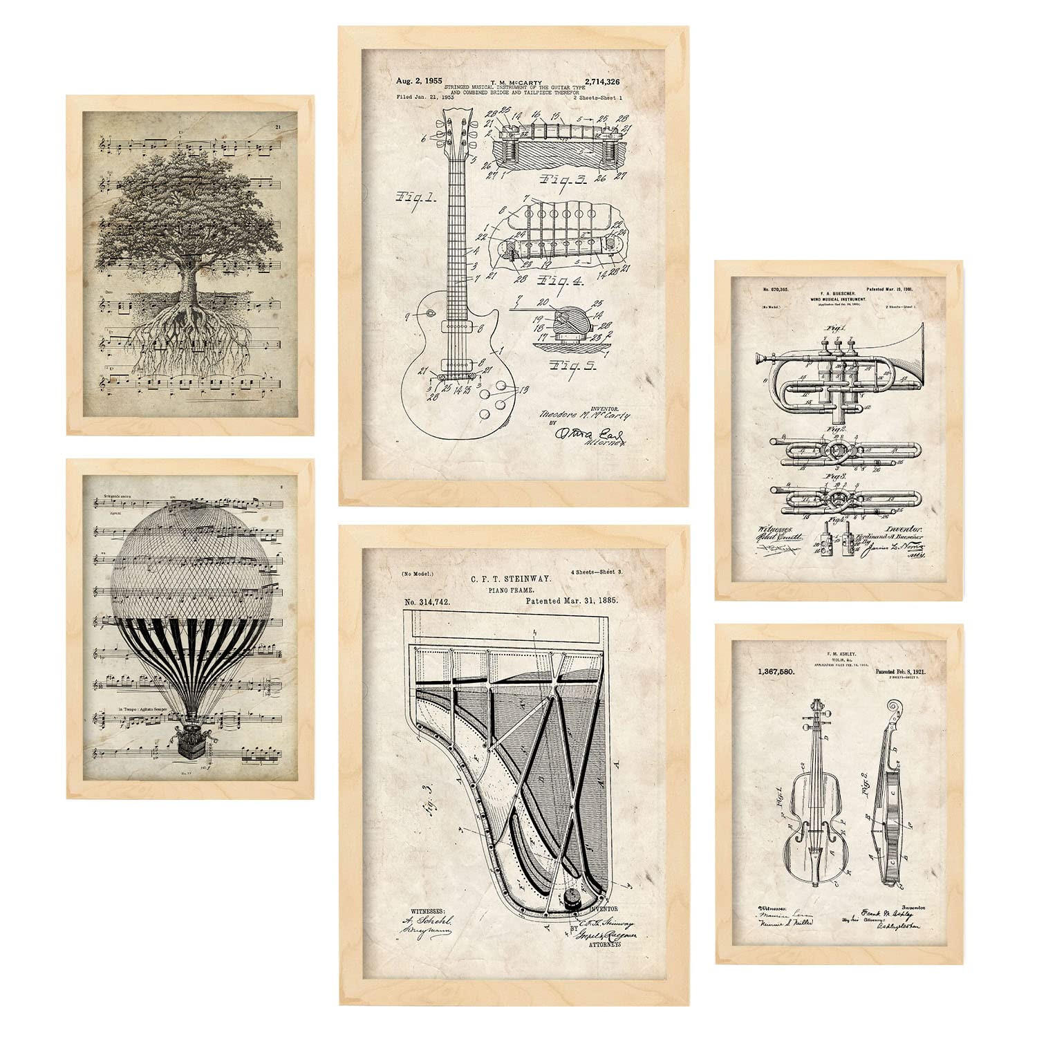 POSTER Set Mit 6 Musik Sammlung A3 & A4 Rahmen Aus Hellem Holz - Beige, Papier (29/3cm) - Nacnic