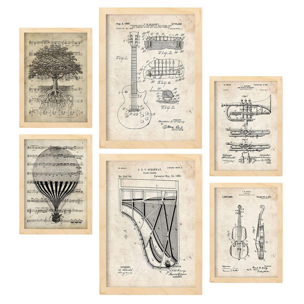 POSTER Set Mit 6 Musik Sammlung A3 & A4 Rahmen Aus Hellem Holz - Beige, Papier (29/3cm) - Nacnic